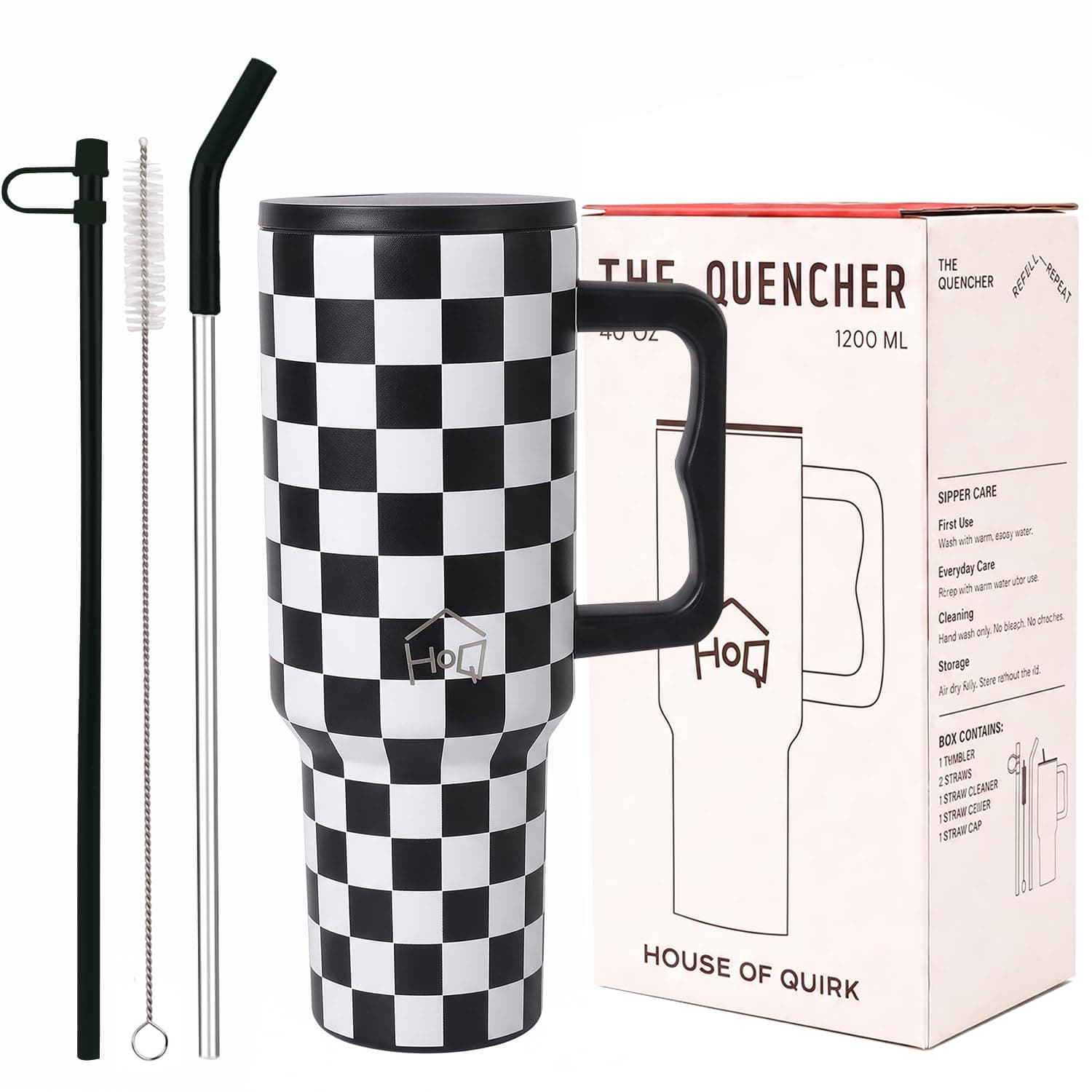 House of Quirk 1200ML Stainless Steel Tumbler with Handle & Lid, 2 Straws – Large Travel Mug Water Cup for Gym, Office & Outdoor Use (Chess)
