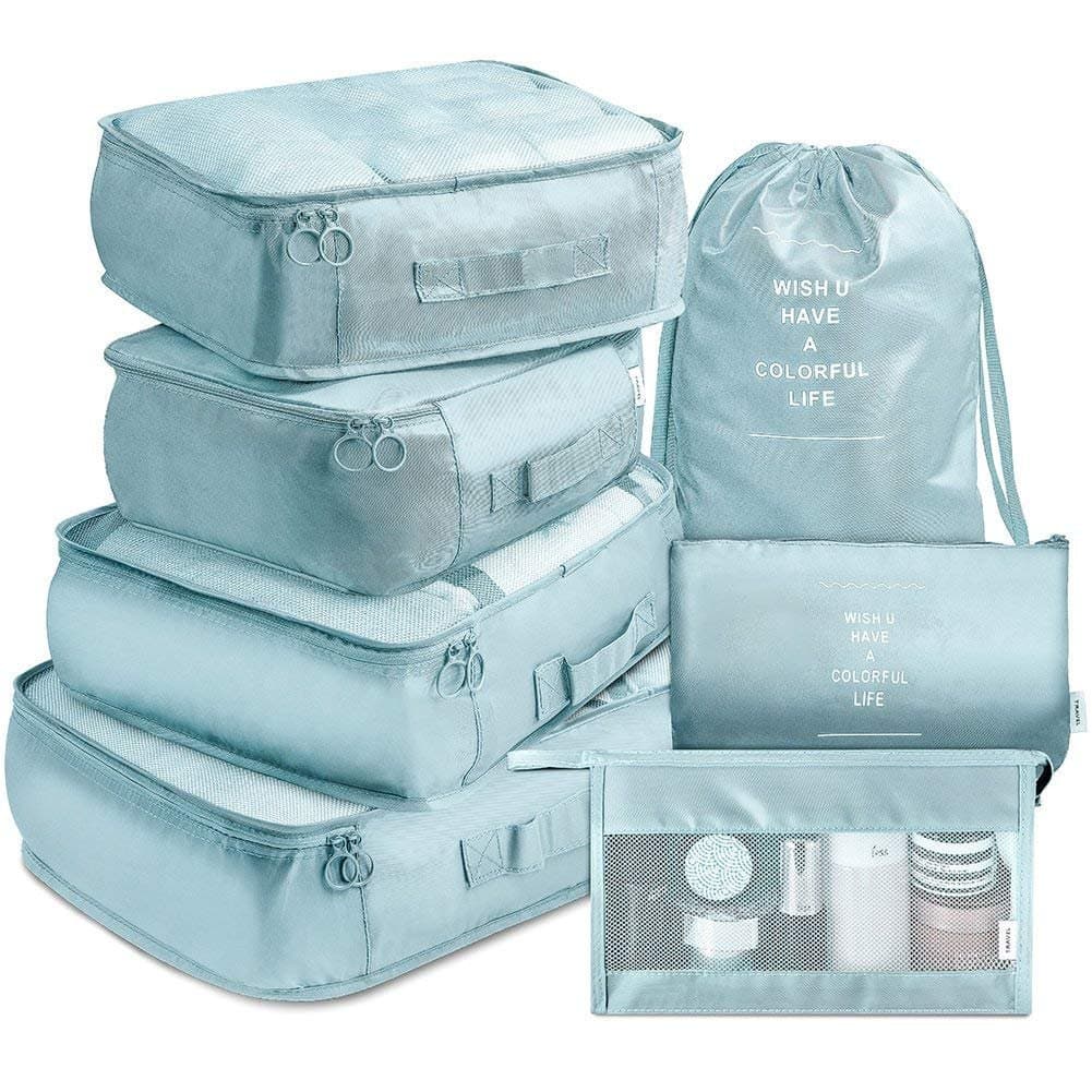 7 Pcs Travel Organizer Bag Set for Luggage | Waterproof Packing Cubes for Clothes, Shoes & Toiletries | Foldable Travel Storage Bags for Men & Women | Black Travel Pouch Set (Skyblue)