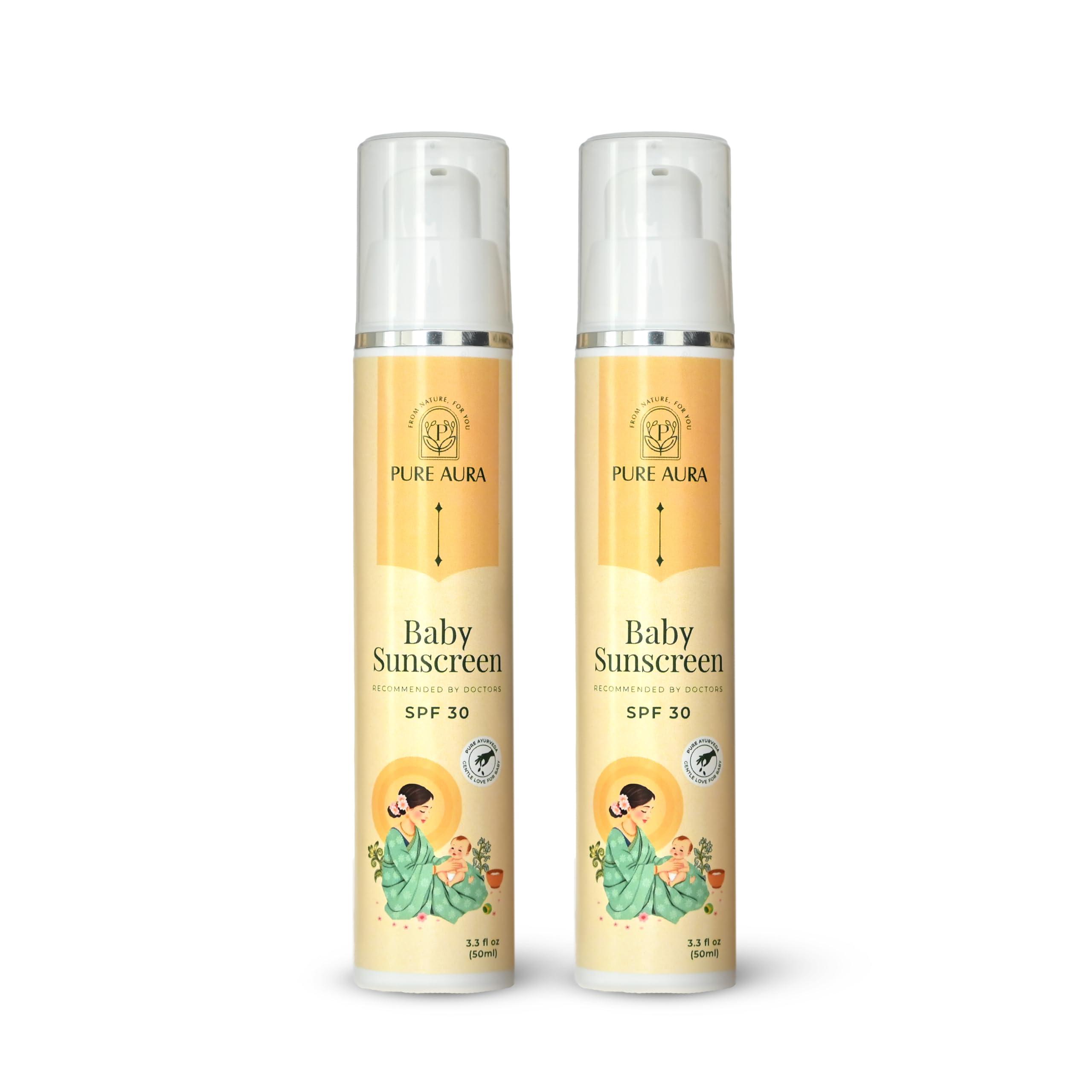 Pure Aura Baby Sunscreen SPF 30 50gm, Pack of 2 – Doctor Recommended 100% Mineral Ayurvedic Sunscreen for Babies & Kids | Chemical-Free Outdoor Sun Protection for Sensitive Skin
