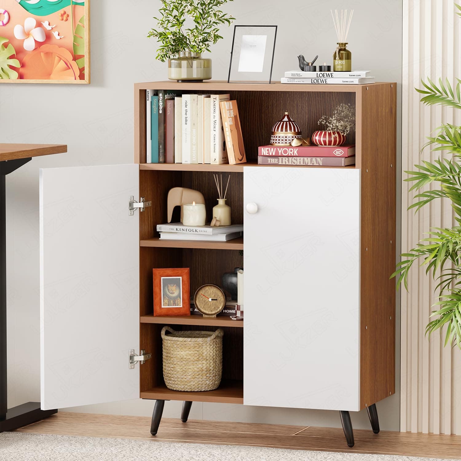 Lukzer Wooden Book Shelf & Storage Cabinet with White Doors (MR-034/Oak Brown) Engineered Wood Bookshelf for Home, Bedroom, Office & Kitchen, Multipurpose Books Organizer & Display Rack (90x30x60 cm)