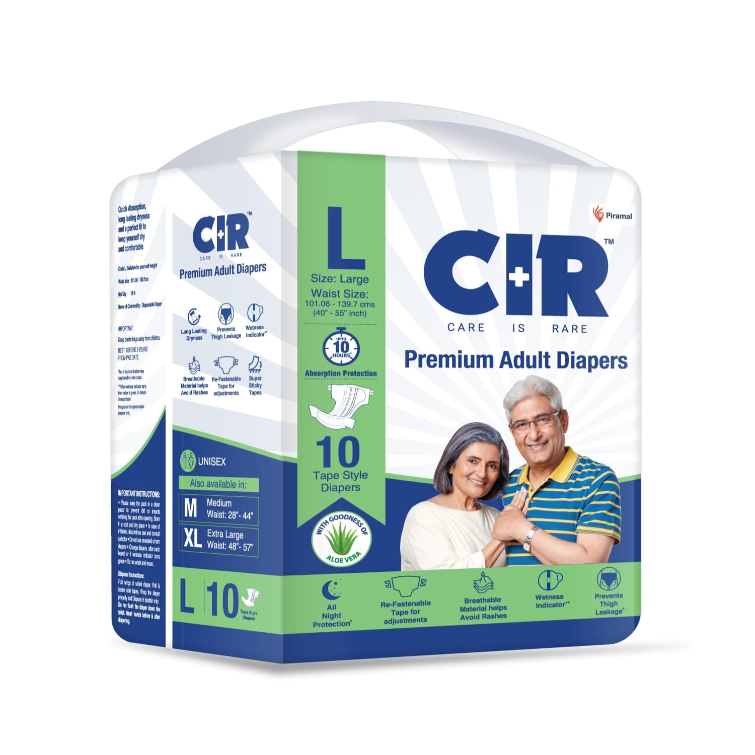 CIR Unisex Premium Adult Diaper-Tape Style All Night Protection With Aloe Vera Large(L) Size Waist(101-140Cm 40"-55") 10 Units
