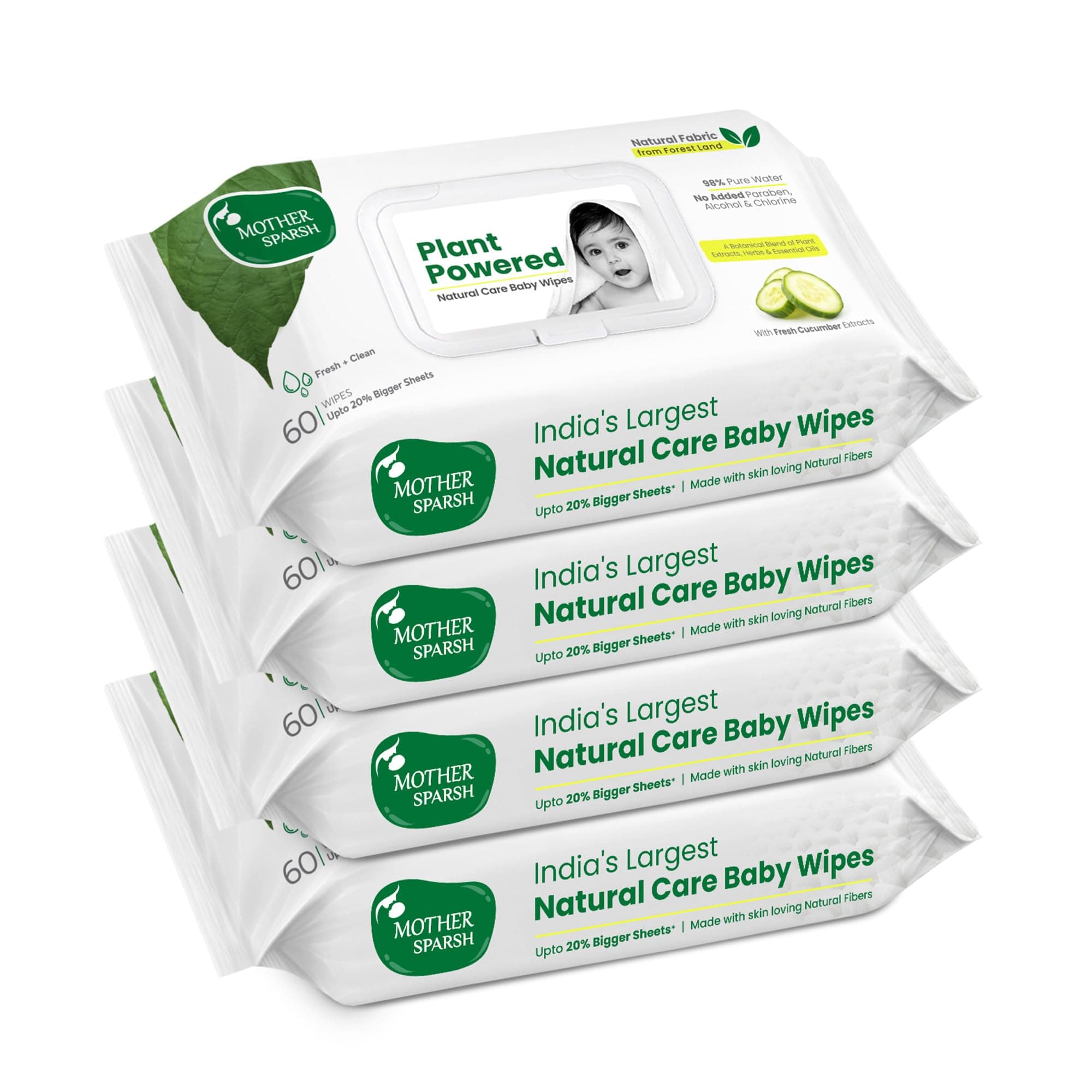 Mother Sparsh Natural Care Baby Water Wipes I 100% Plant Made Fabric From Forest Land | Plant Powered Wet Wipes with Cucumber Extract For Baby I Cotton Cloth Like Bigger Sheets | 60 Pcs (Pack of 4)
