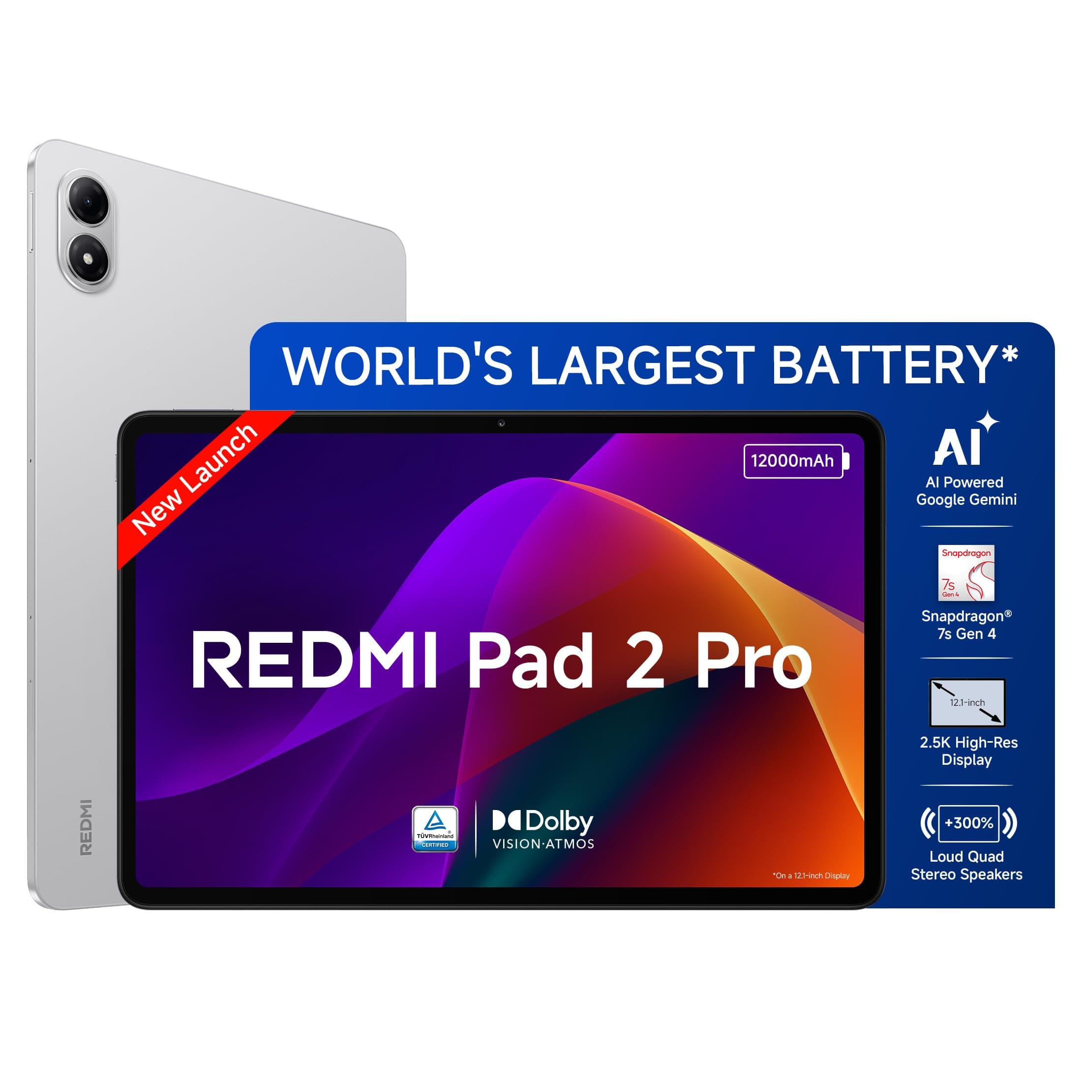 Redmi Pad 2 Pro [Smartchoice] | 12000mAh | Snapdragon 7s Gen 4 | 12.1-inch,2.5K Display |83+ Days Standby |HyperOS 2 |120Hz |Dolby Vision Atmos |Wi-Fi 6 |AI Powered | 8GB, 128GB | Quick Silver