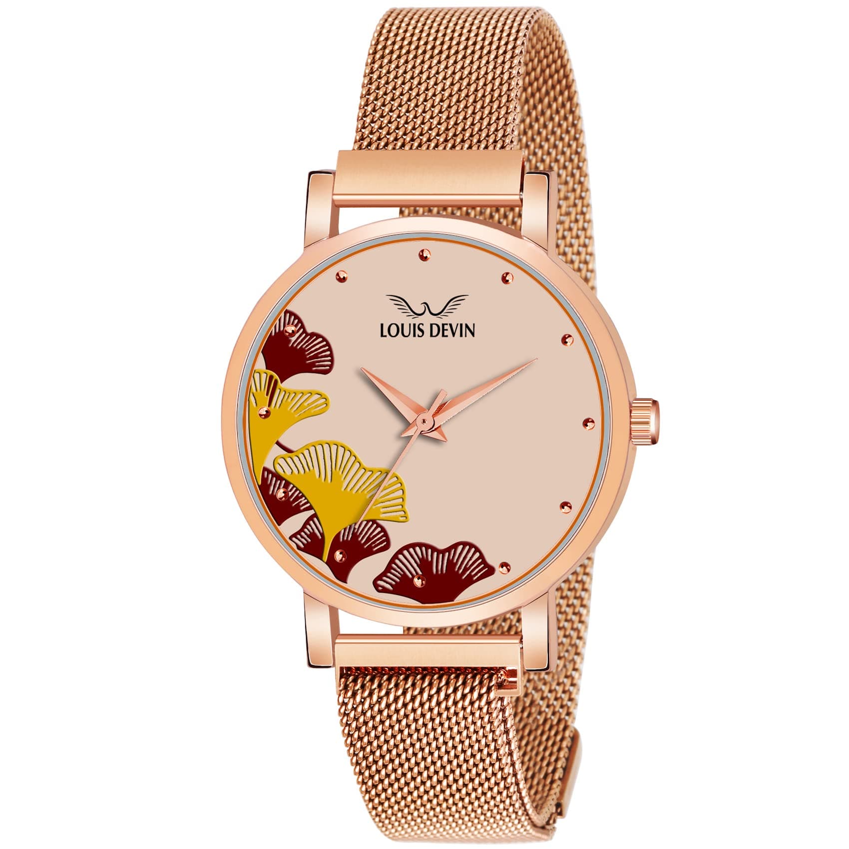 LOUIS DEVIN Rose Gold Plated Mesh Chain Analog Wrist Watch for Women (Rose Gold Dial) | LD-RG162-RG