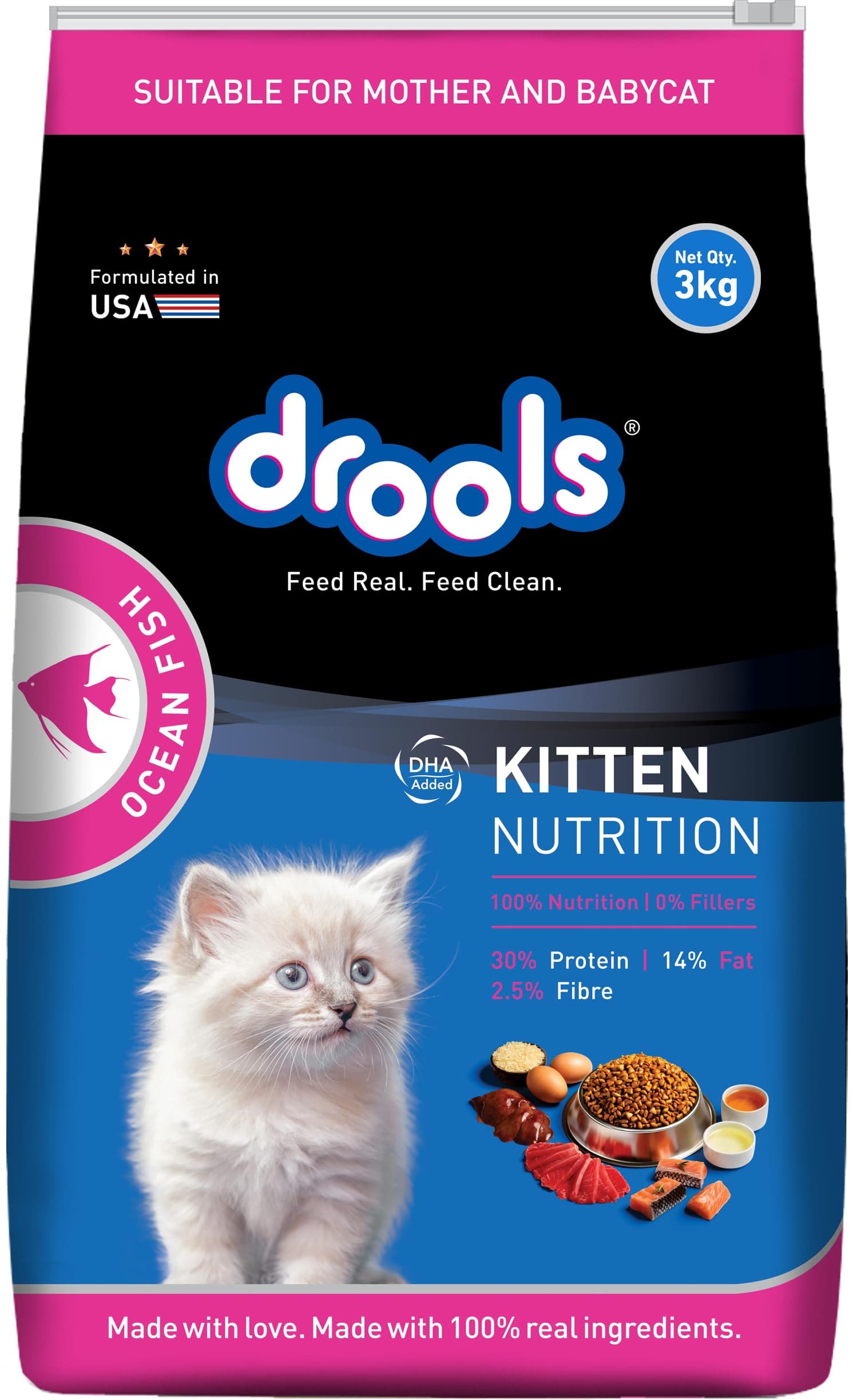 Drools Dry Kitten Cat Food 3kg | Ocean Fish | Supports Skin & Coat | Aids Digestive Function | No Artificial Flavours | Controls Hairball Formation