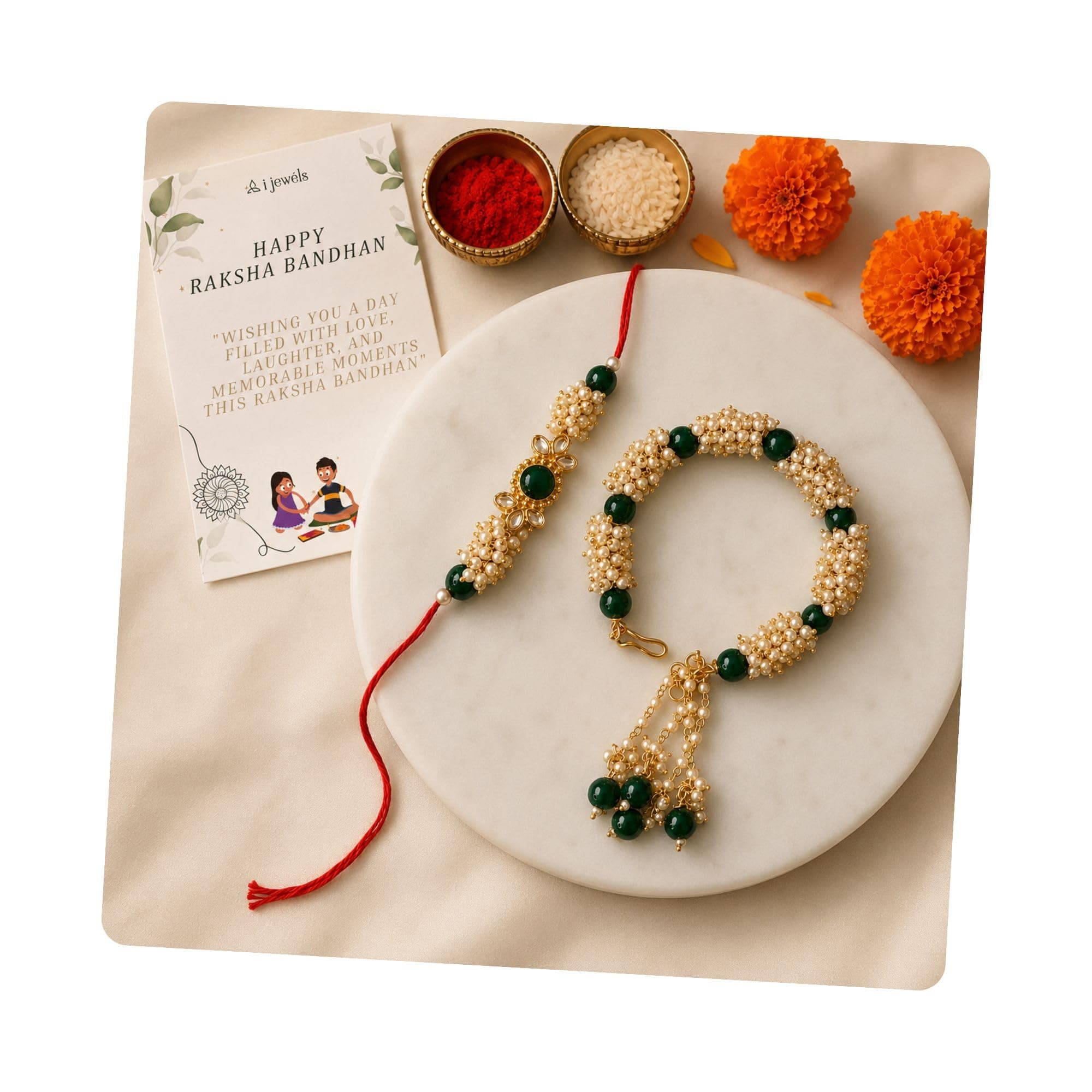 I Jewels Premium Quality Pearl Lumba Rakhi Set for Brother and Bhabhi with Roli Chawal & Rakshabandhan Card | Couple Rakhi (R11G-CO)