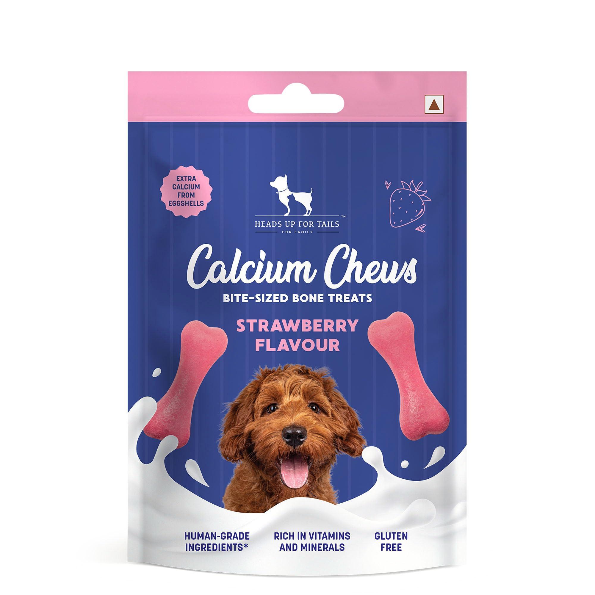 Heads Up For Tails Calcium Chews Bite-Sized Bone Treats for Dogs - Strawberry Flavour | Dog Snacks & Training Treats for Puppies & Adult Dogs | Ideal for All Breed Sizes & Life Stages | 200 Gm