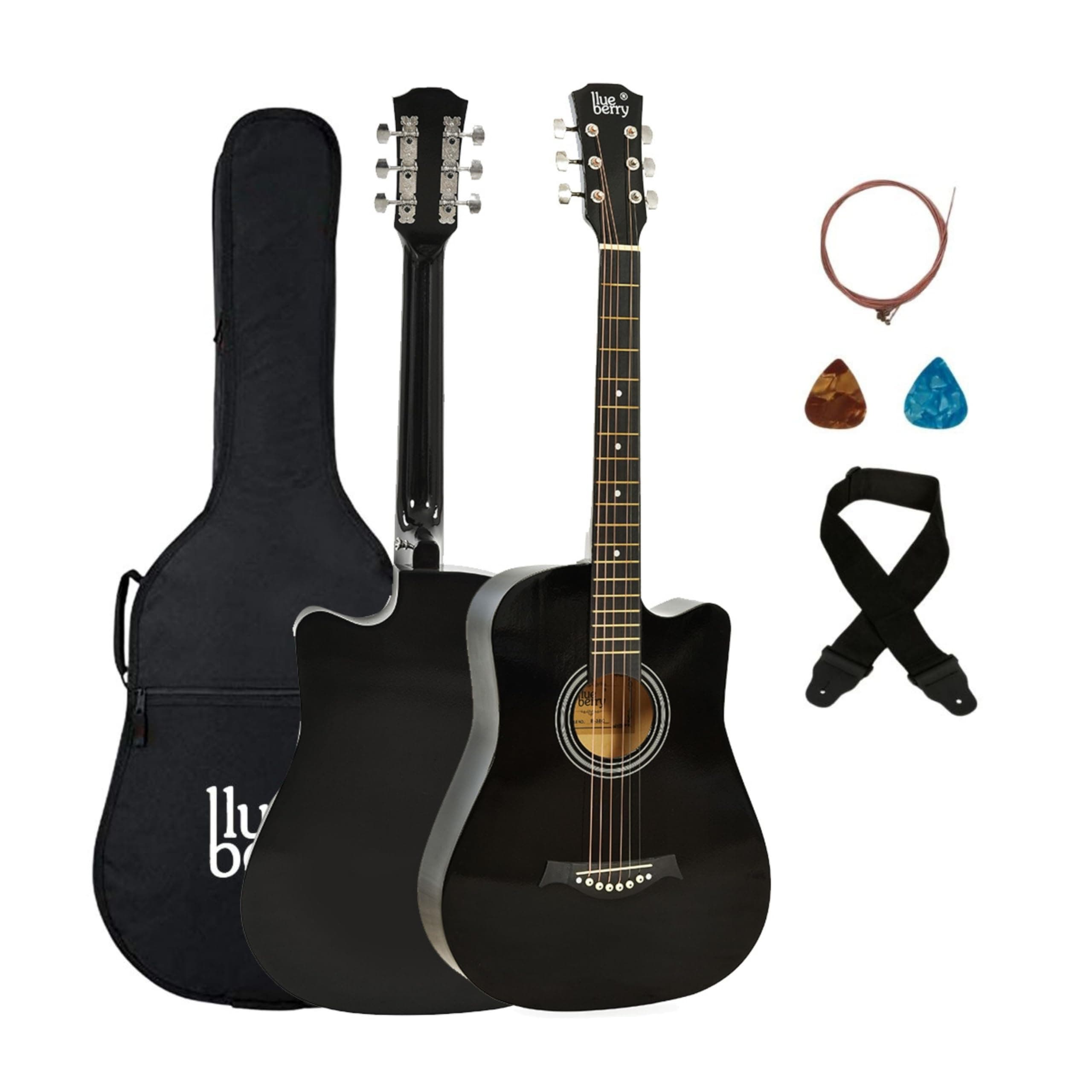 BLUEBERRY B-38C, Acoustic Guitar Kit with Bag, Strap, One Pack Strings And 2 Picks - 38 Inch (Black)
