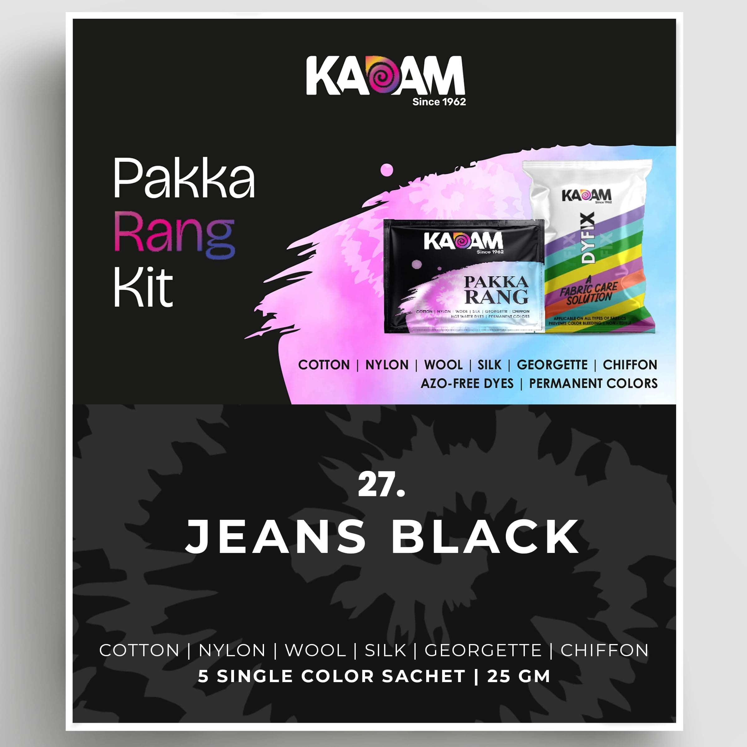 Kadam Pakka Rang Fabric Dye for Clothes Permanent | Shade No.27 Jeans Black Fabric Dye Colour for Clothes | Dye for Faded Jeans | Included 5 sachets of Colour & 5 sachets of DyFix Color Fixer
