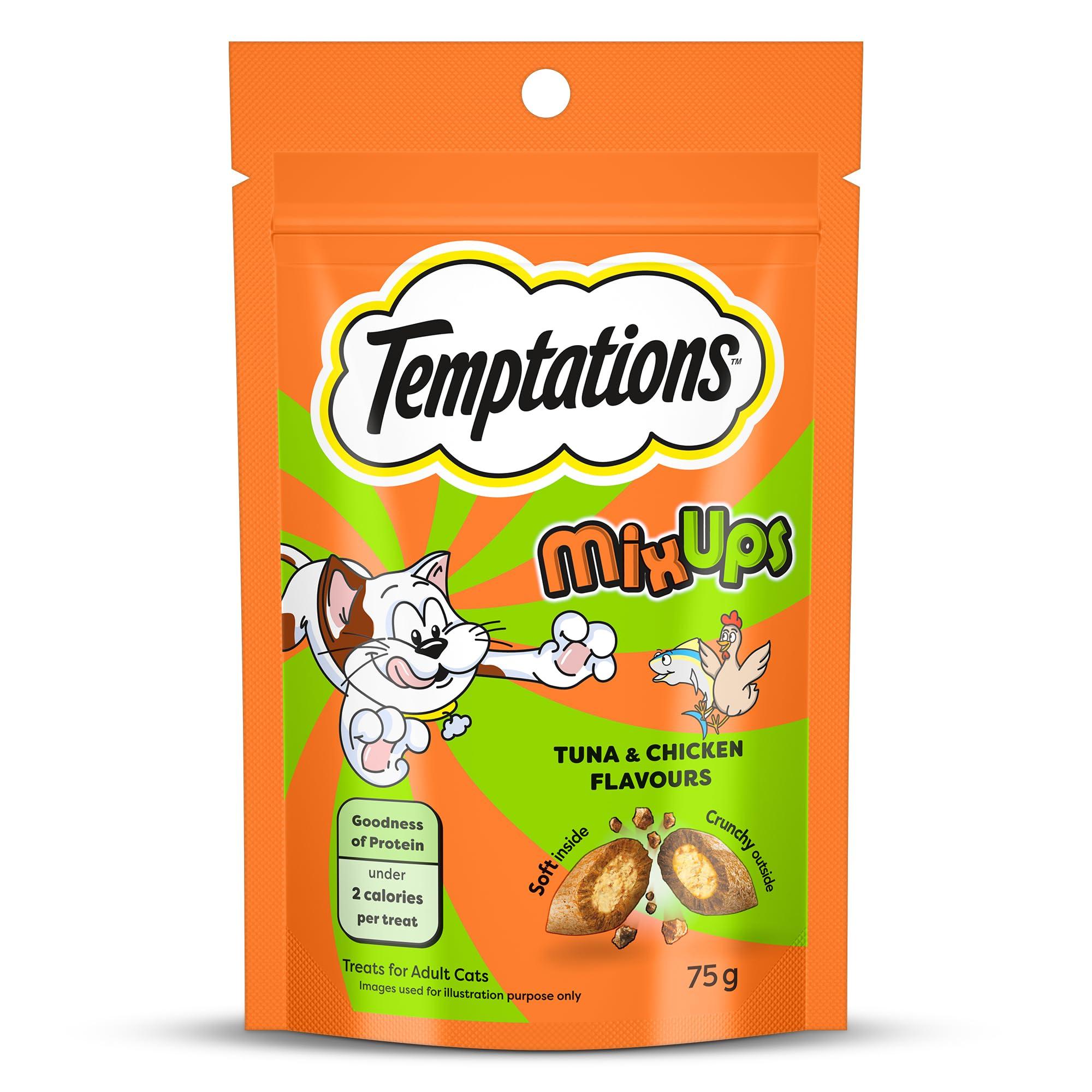Temptations MixUps Cat Treats, Tuna & Chicken Flavours, 75g – Two Irresistible Flavours in One Pack, Crunchy Outside Soft Inside, Goodness of Protein, Vitamins & Minerals, Resealable Pouch