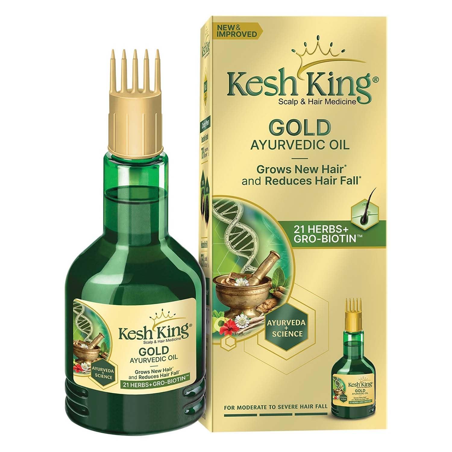 Kesh King Gold Ayurvedic Hair Oil with 21 Herbs and Gro-Biotin, Helps Grow New Hair and Reduce Hair Fall, Comes with a Hairfall Reduction Tracker, 300ml