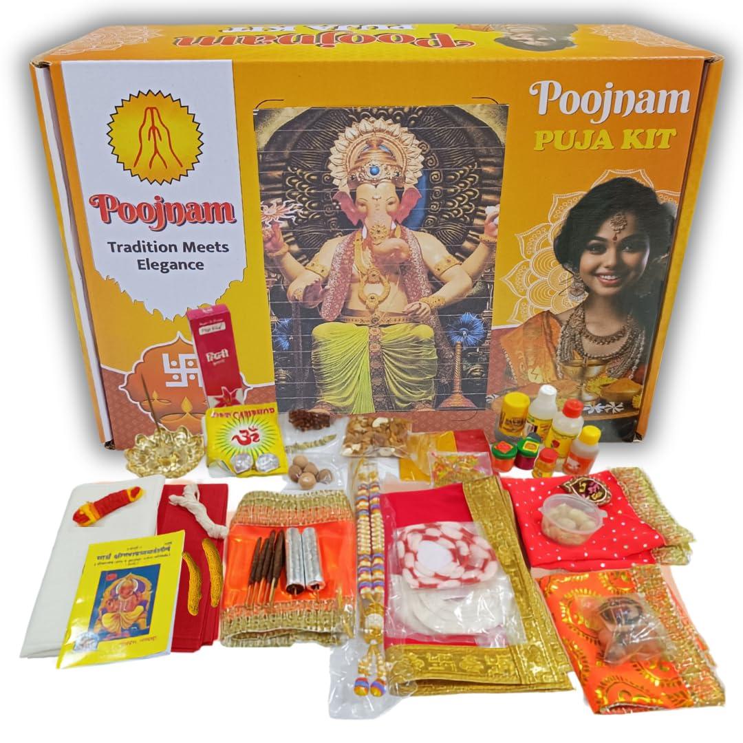 Poojnam Ganesh Chaturthi Puja Samagri Kit – Traditional Complete Puja Set with 35 Sacred Items | Ganpati Puja Essentials for Rituals and Offerings at Home