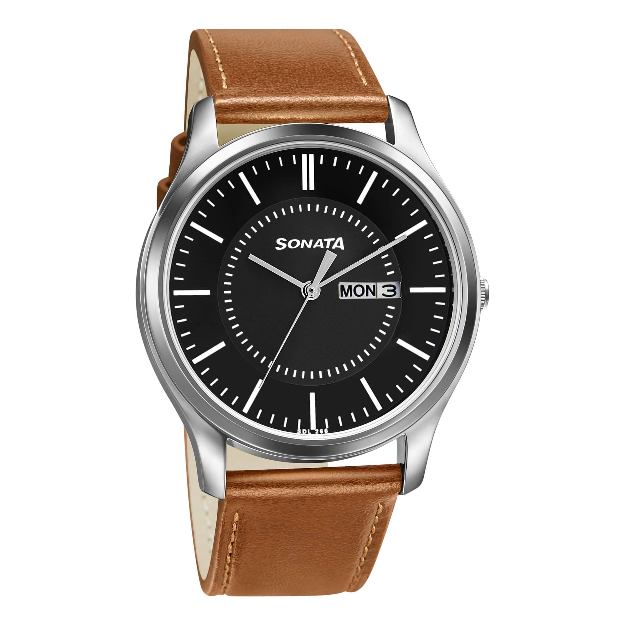 Sonata Essentials Quartz Analog with Day and Date Black Dial Tan Leather Strap Watch for Men - NT77082SL08W