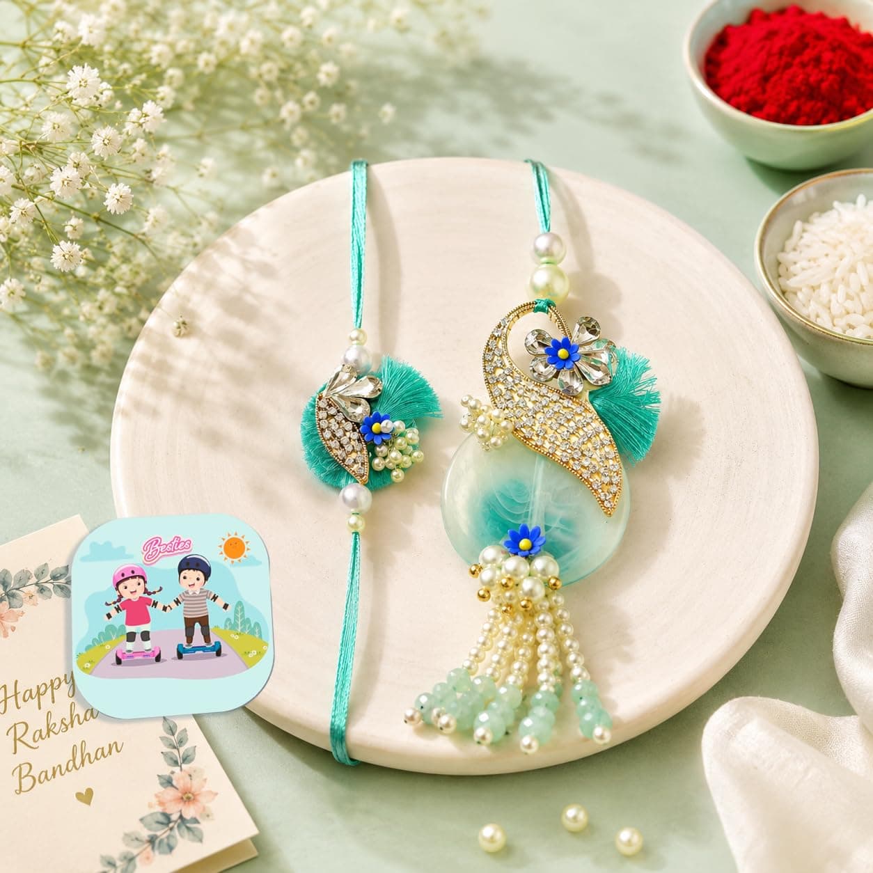 CraftVatika Rakhi for Brother and Bhabhi, Designer Couple Rakhi Gift Combo for Brother Men Bhaiya, Premium Rakhis for Rakshabandhan, Lumba for Bhabhi, Best Wishes Card Tillak Set with Magnet Gift Set