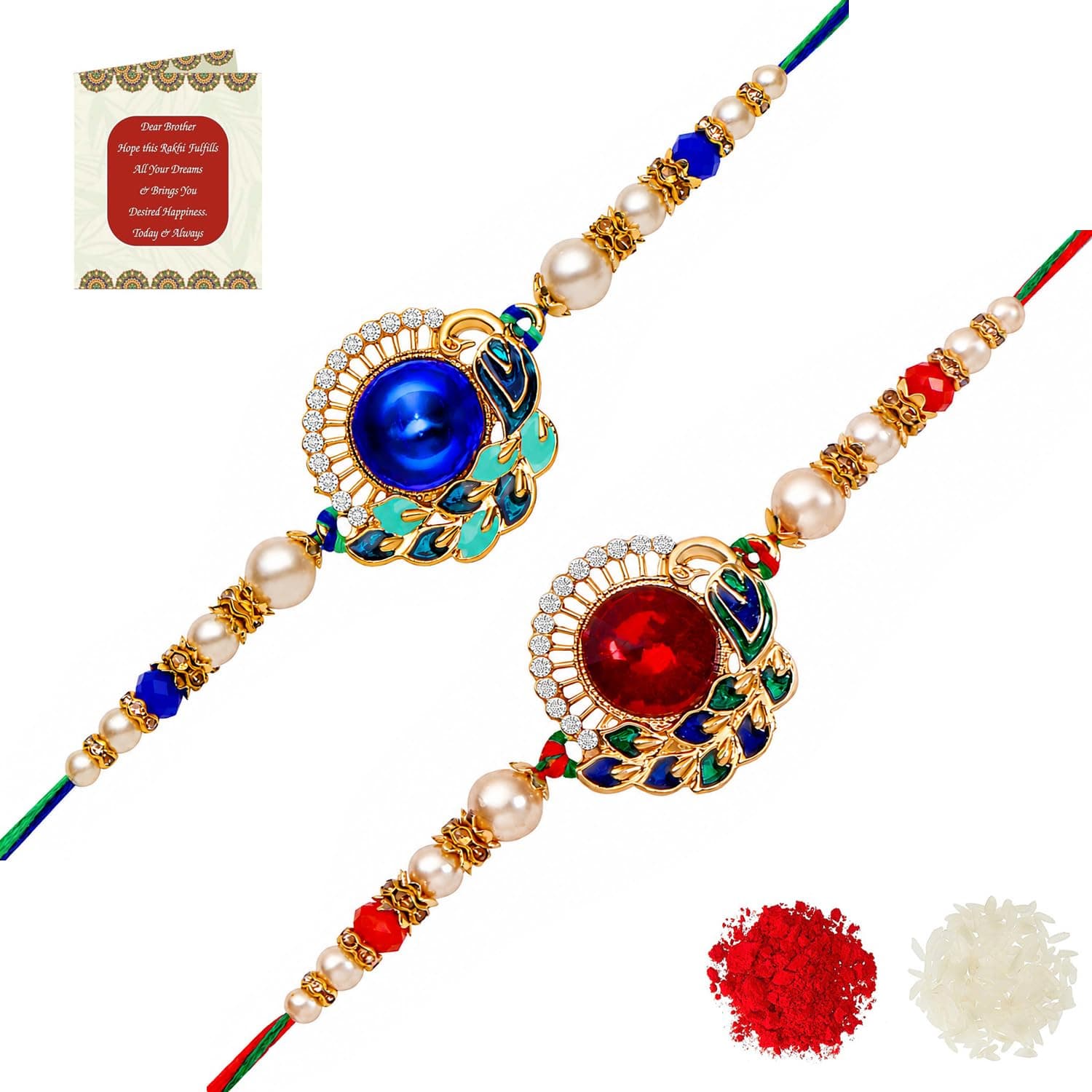 Riddhika Ventures Stylish Kundan and AD Ring Rakhi (Set of 2) with Roli Chawal and Greeting Card || Raksha Bandhan Traditional Festive Gift Pack For Bhaiya Bhabhi (K12K13)