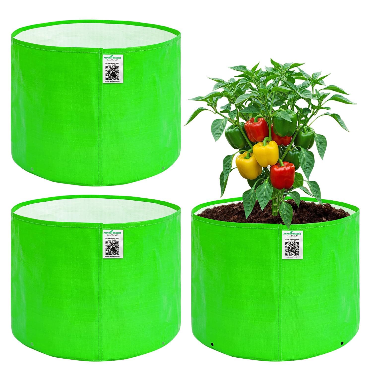 Anandi Green's HDPE Uv Protected 260 GSM Round Green Colour Plant Bag Suitable for Terrace and Vegetable Gardening Size 15x12 Pack of 3 Grow Bag