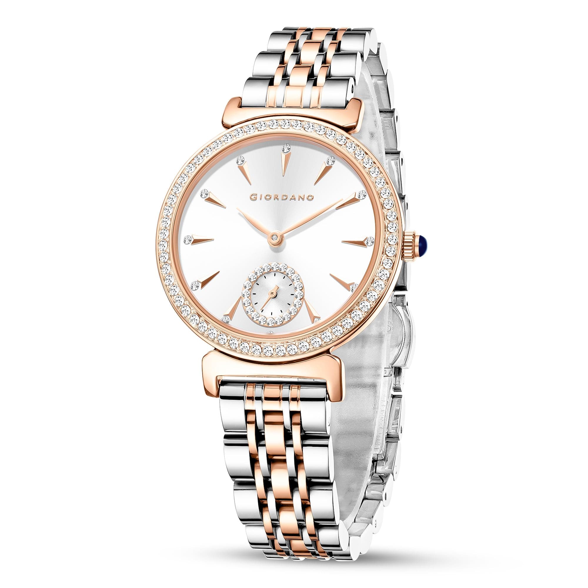 Giordano Fashion Watch for Women – Diamond-Accented Bezel, Stainless Steel Strap, Elegant Round Dial, Quartz Movement