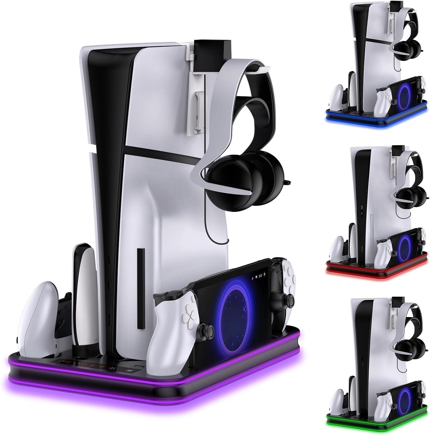 New World For PS5 / PS5 Slim Stand and Cooling Station with RGB LED ,Controller Charging Station for PlayStation 5 Console, PS Portal Charging Dock, Accessories for PS5 / PS5 Slim