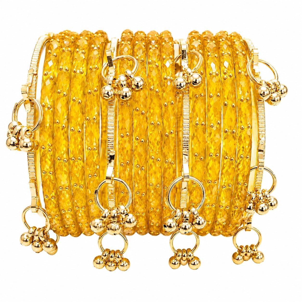Kaher Kashmiri Glass Bangle with gunghro Set for Women | Traditional, Vibrant, Fancy Glass Chudi Set for Festival, Wedding, and Party (Set Of 16) (Golden, 2.2)