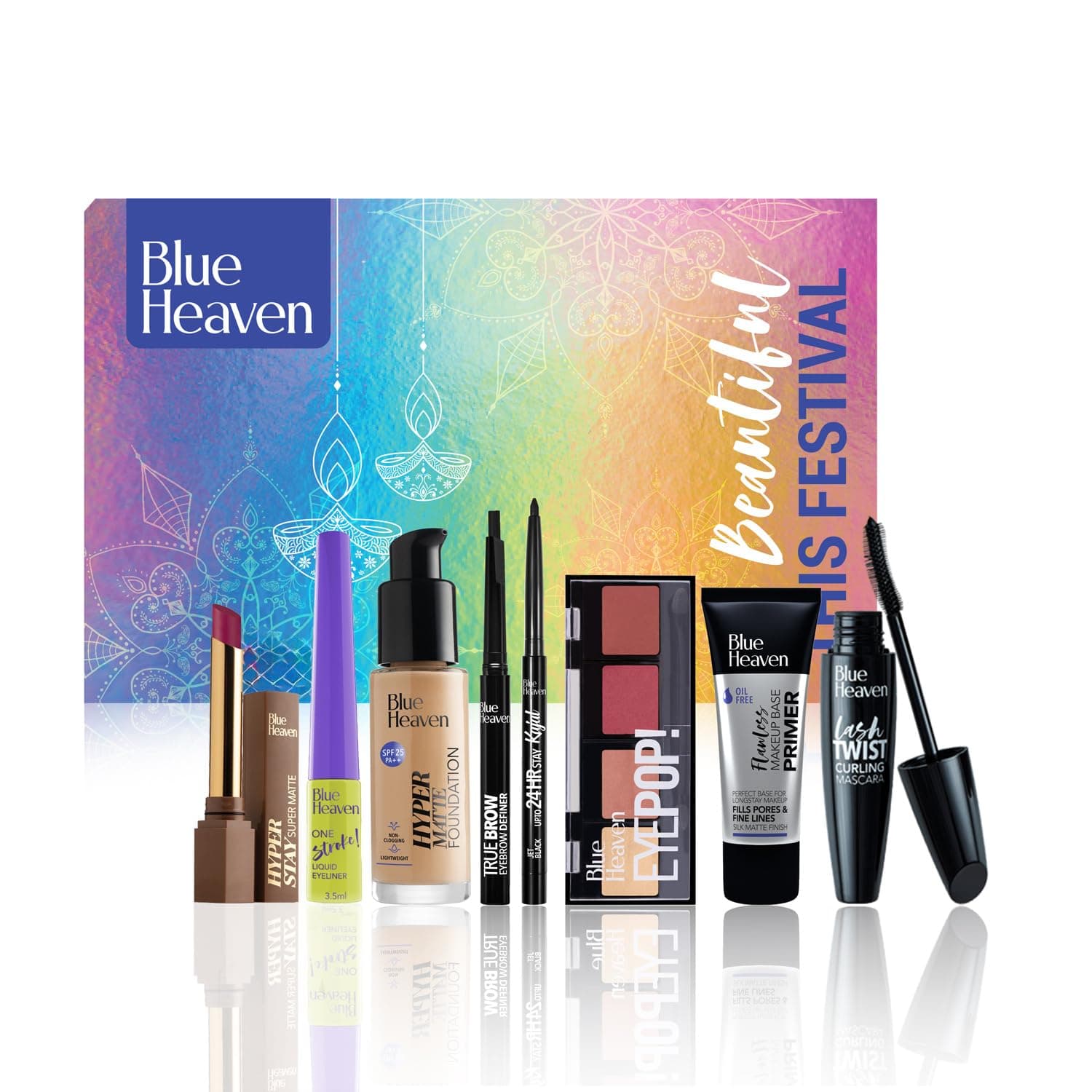 Blue Heaven Festive Makeup Kit | Pack of 8 Makeup Products | All-in-One Makeup Set for Bridal, Party, Everyday & Gifting | Medium Tone | 28.8 gm + 46ml