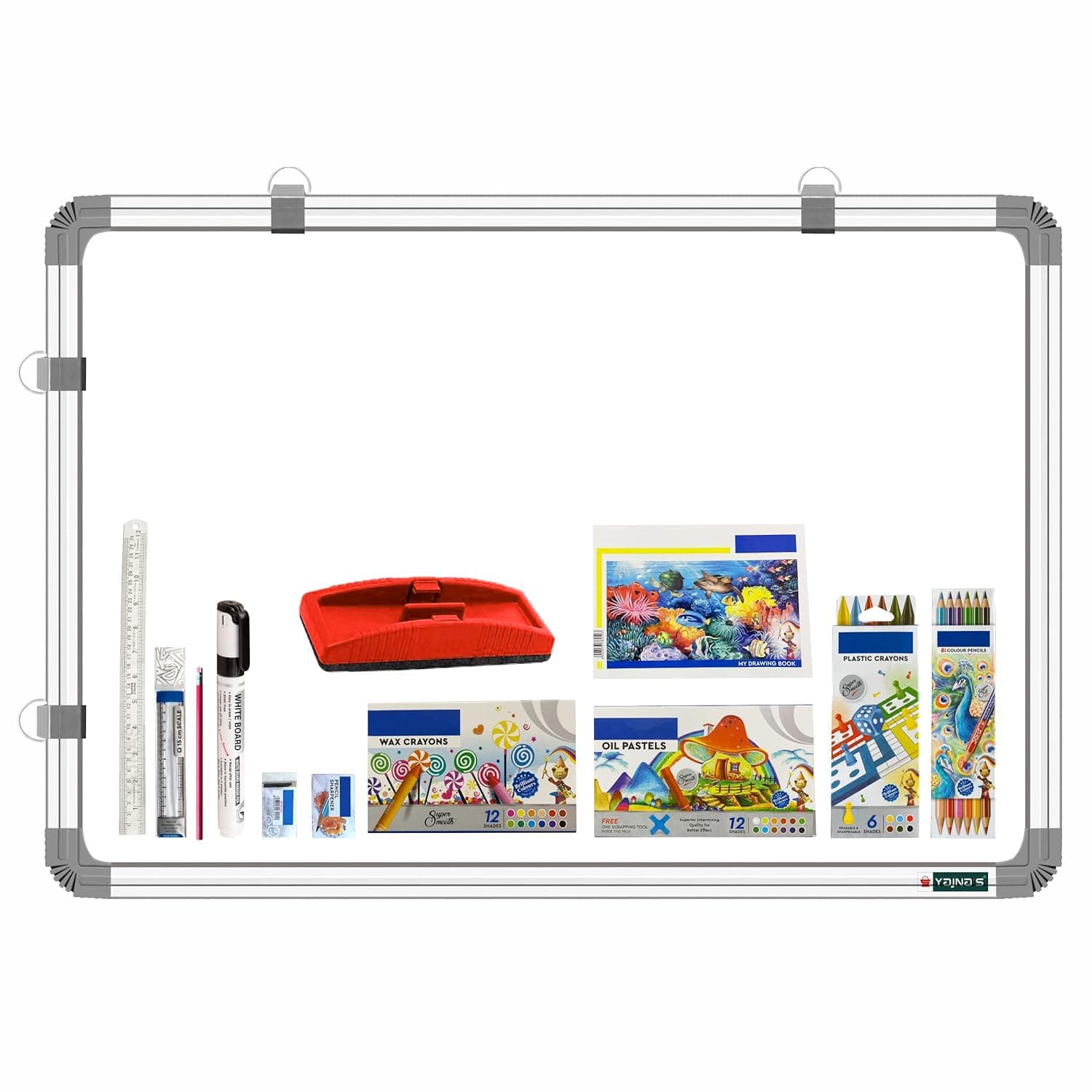 YAJNAS Non Magnetic 1.5x2 Feet Double Sided White and Chalk Board Both Side Writing Board, one Side White and Reverse Side Chalk Board Surface with Beginners Combo Kit