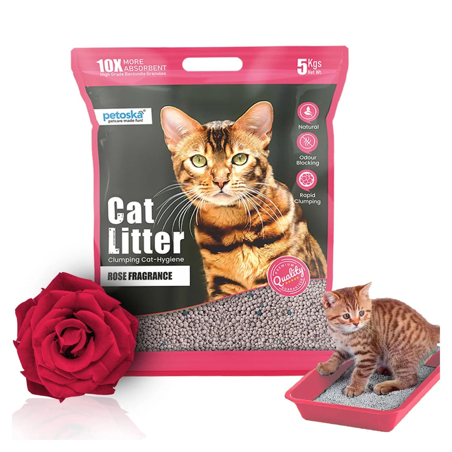 Petoska Cat Litter 5kg Rose | Fast-Clumping Bentonite Cat Litter with Odour Lock, Low Dust & Gentle on Paws | Fresh & Fragrant Litter Box Every Day