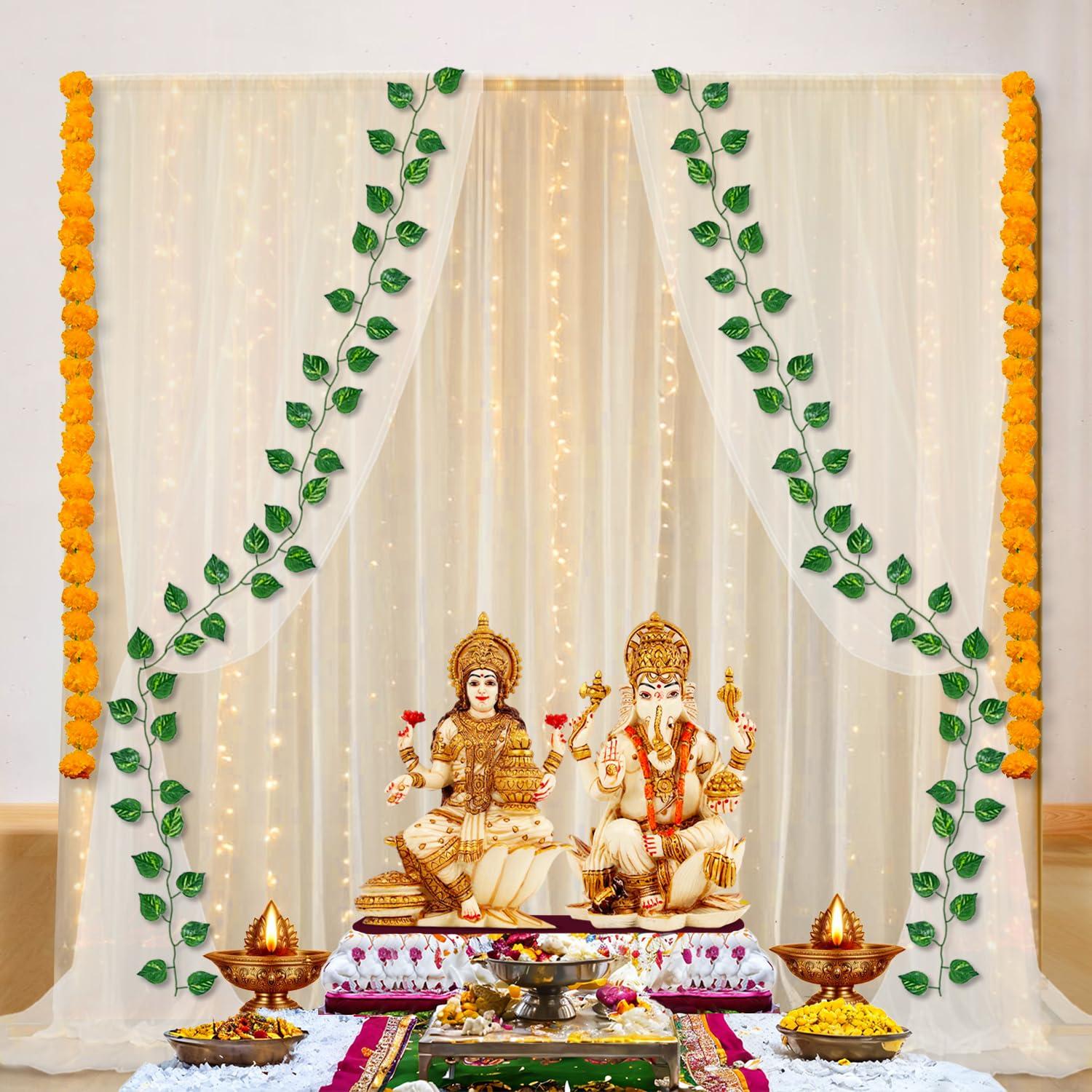 Party Propz White Ganpati Decoration Setup for Home - 8Pcs Ganesh Chaturthi Decoration Backdrop with Artificial Leaves, Janmashtami, Varamahalakshmi Decorative Items, Haldi Decor, Pooja Backdrop Cloth