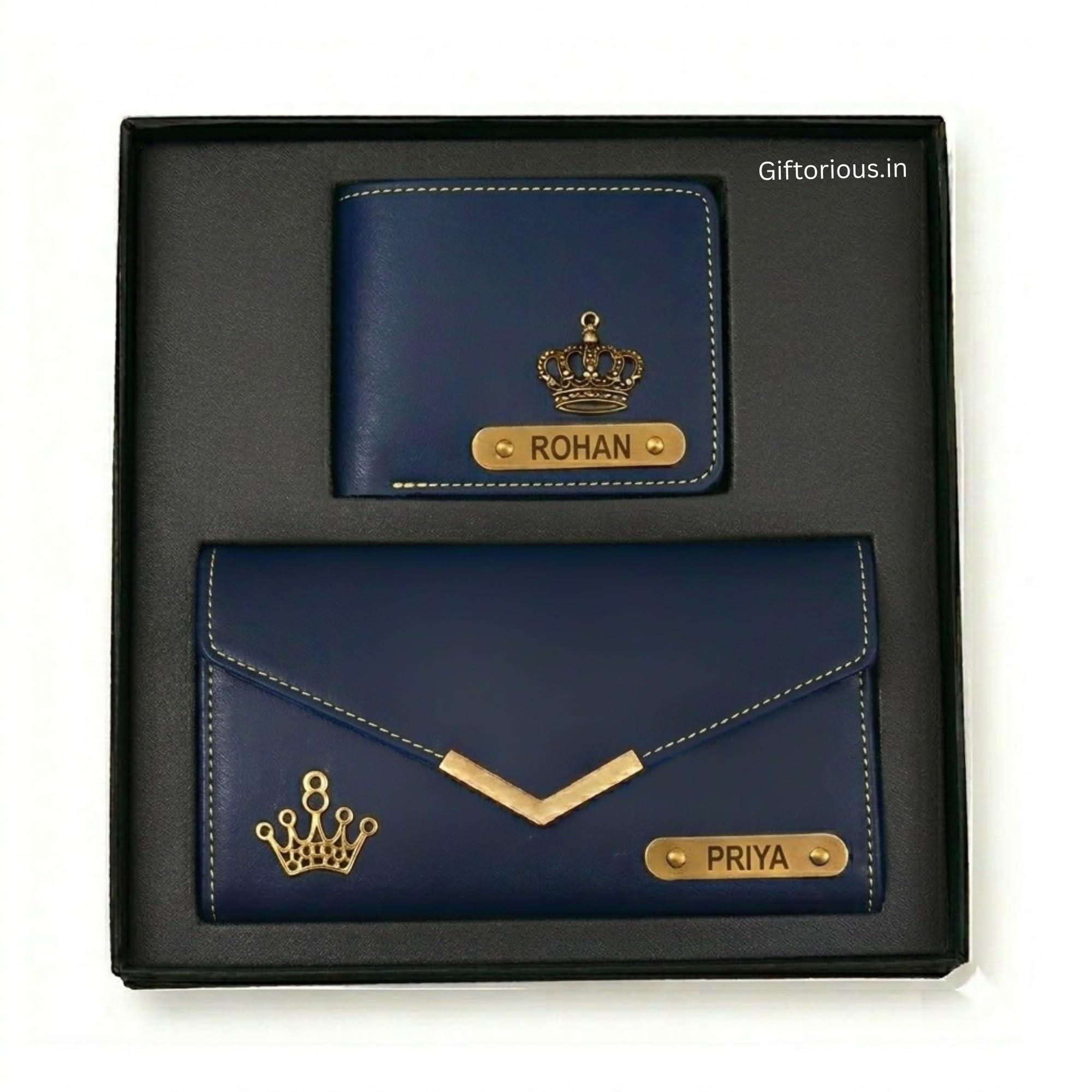 Giftorious Personalized Couple Wallet Gift Set | Custom Name Engraved Bifold Wallet for Men & Ladies Clutch Combo | Premium Faux Leather | Anniversary Wedding Gift for Husband Wife