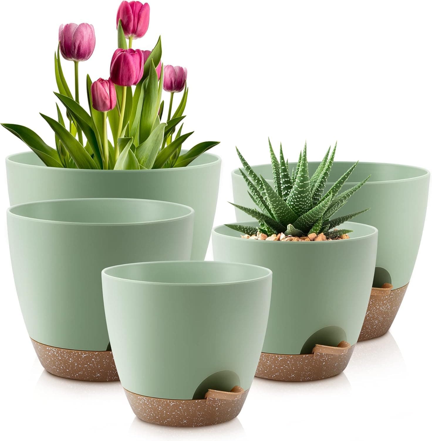 INKULTURE Flower Pot for Indoor Plants – Self Watering Plant Pot Set of 5, Multi Size Plastic Planter with Drainage Hole & Watering Lip (7/6.5/6/5.5/5 Inch) Green | Pots for Home, Office & Succulents