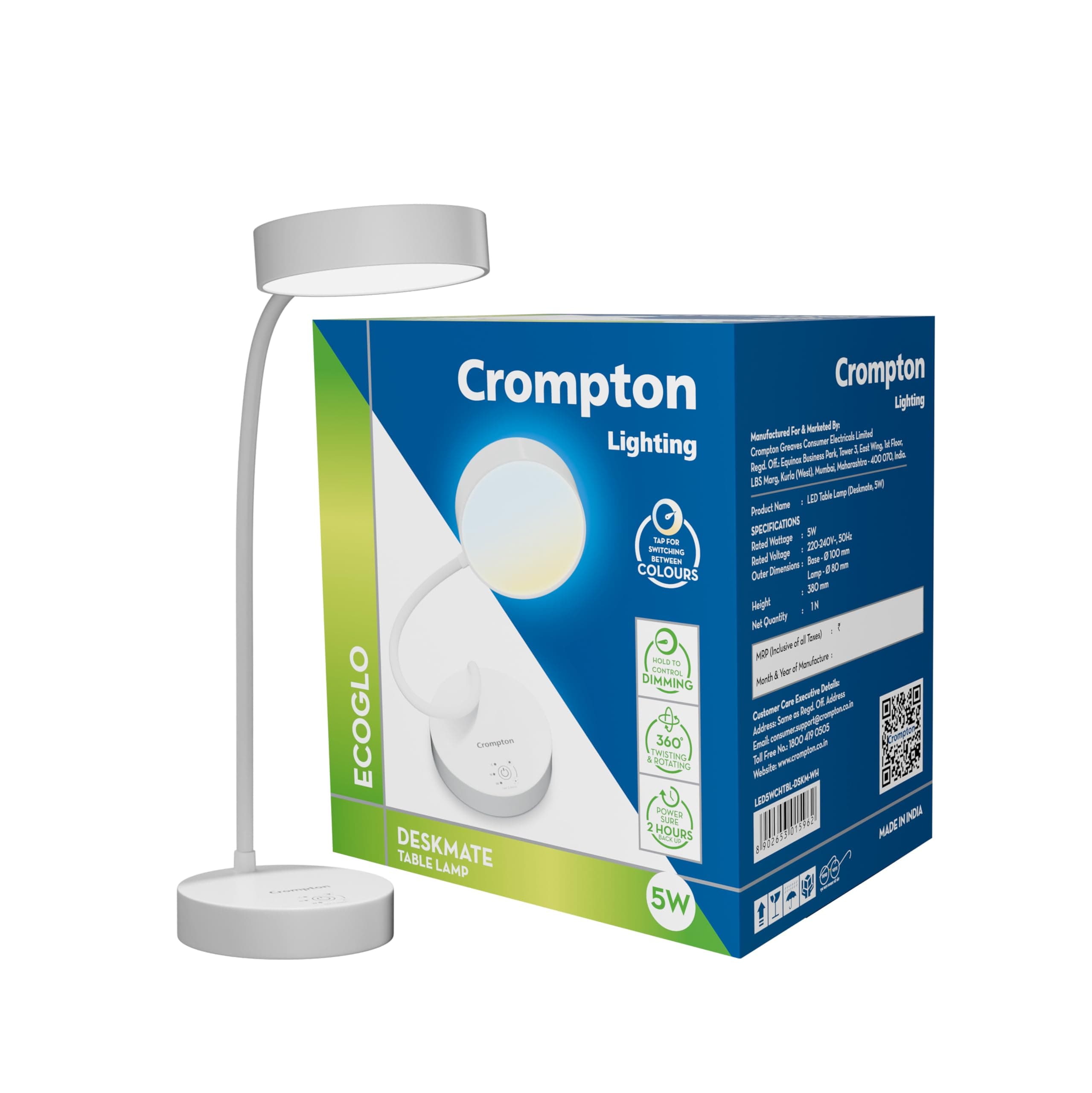 Crompton Deskmate 5W USB Rechargeable LED Table Lamp| 360° Flexible Neck| 3 Light Modes (Warm/Cool/Daylight)| Smooth Dimming | 2-Hr Backup| Study & Reading Lamp | Pack of 1