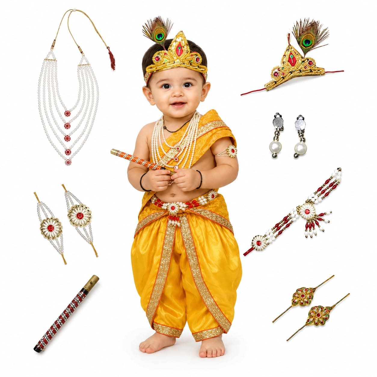 Kaku Fancy Dresses Krishna Costume For Kids Infant Baby Krishna Dress For Boys (Yellow Dhoti, Patka(Stole), Belt, Mukut, 5 Layer Pearl Mala, Bajuband, Earrings, Bansuri & Morpankh) - Silk