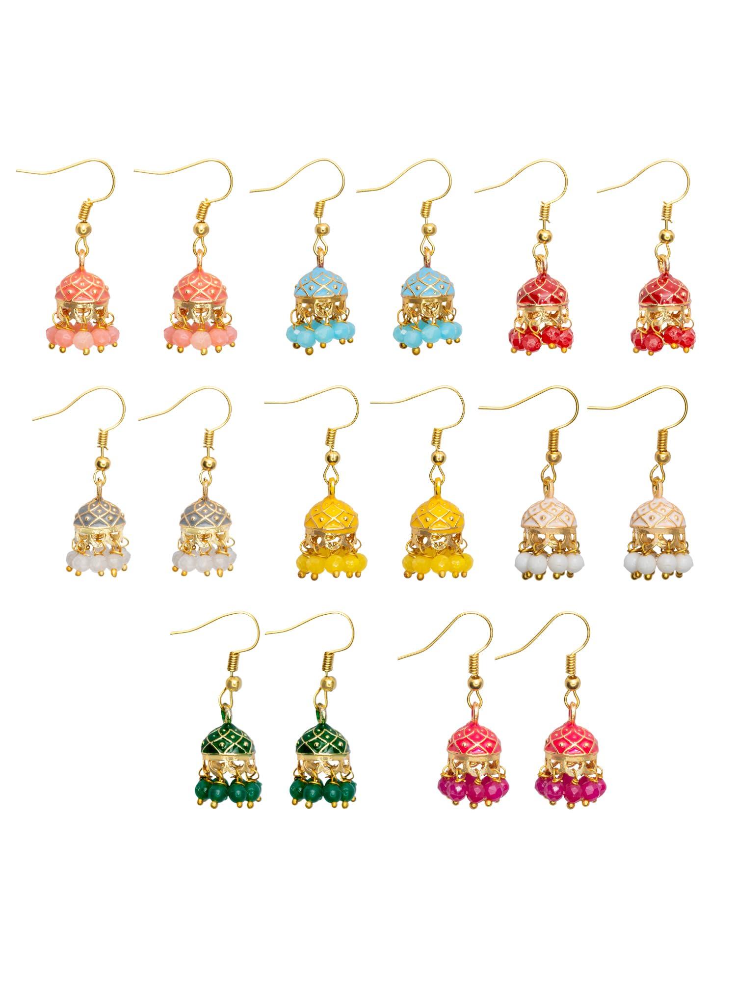 Vesara Jhumke Meenakari Earrings For Women | Jhumka Combo Earrings For Women | Jhumkas Jhumka Set For Girls | Traditional Earrings Set Jumka | Small Gold Plated Jhumki | Mini Jumke Rajasthani Earring (Set of 8)