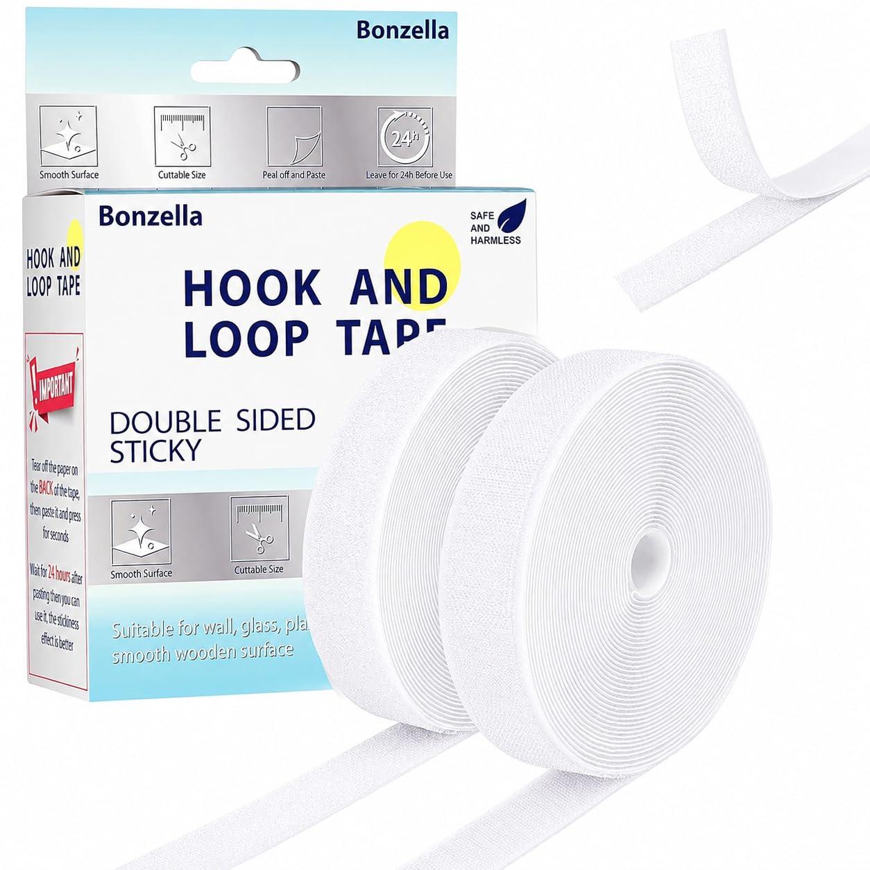 BONZELLA Self Adhesive Hook and Loop Tape, Mosquito Net Mounting Tape for Office use, Photo Frames, Multipurpose Double Sided Adhesive Hook Loop Tape for Crafting & Wall Hanging, White (10M x 25mm)