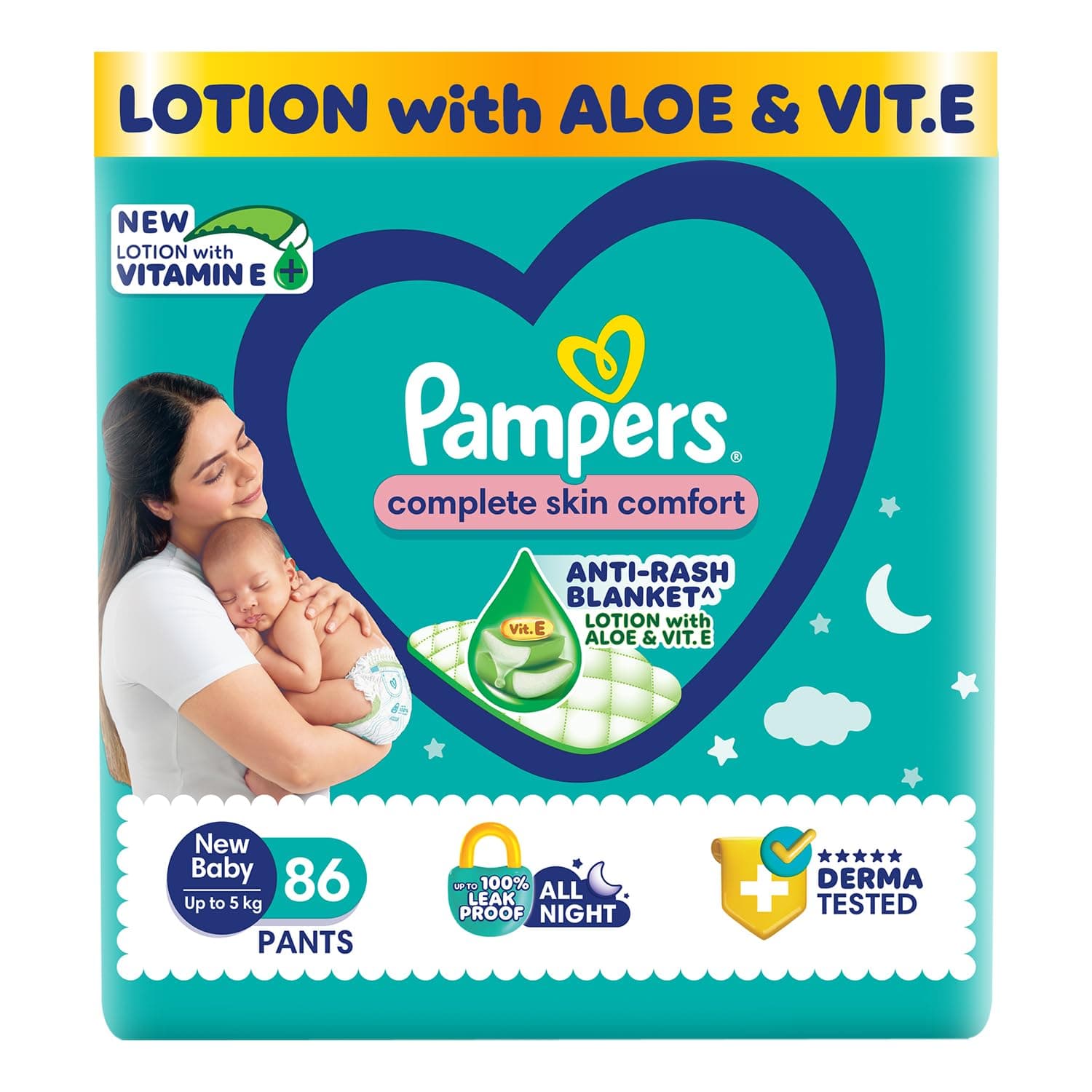Pampers Complete Skin Comfort Pants, (NB,XS) 86 Count Anti-Rash Blanket, Lotion with Vitamin E & Aloe Vera, New Born, Extra Small Size Baby Diapers, Upto 5kg