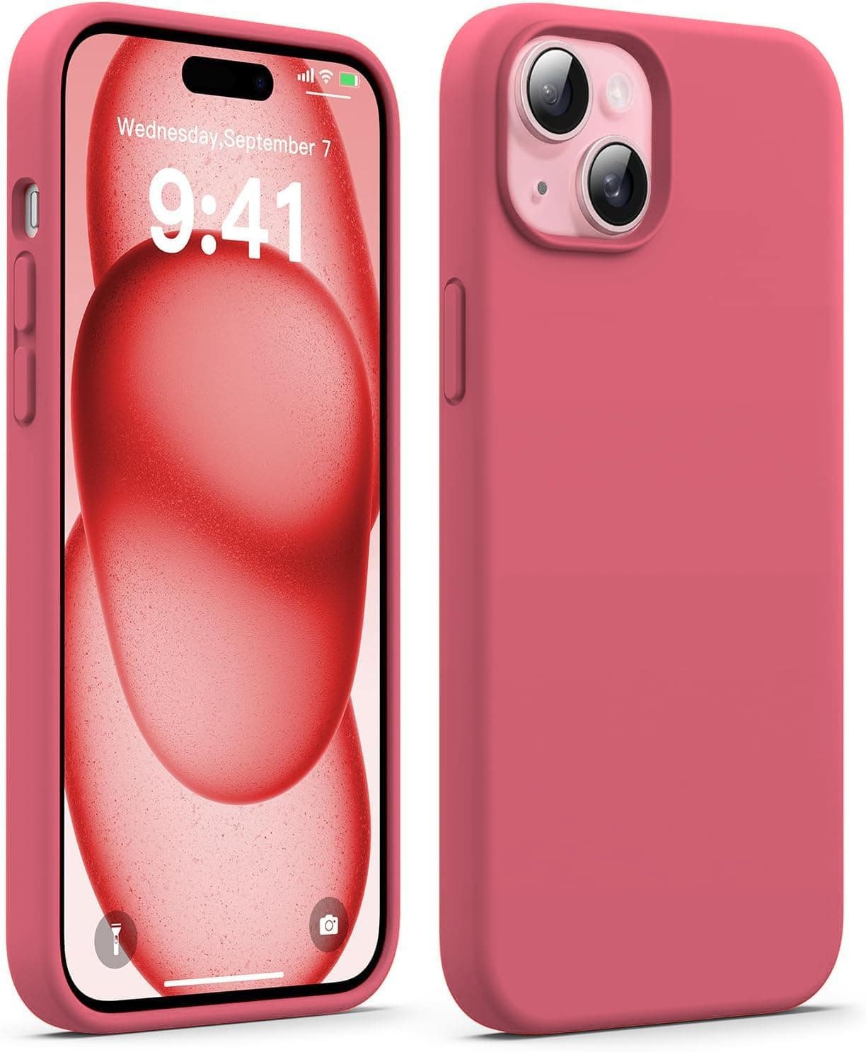 DIZORO Compatible for iPhone 15 Plus Case 6.7, Slim Liquid Silicone 3 Layers Full Covered Soft Gel Rubber Phone Case Protective Cover 6.7 Inch - Hibiscus.