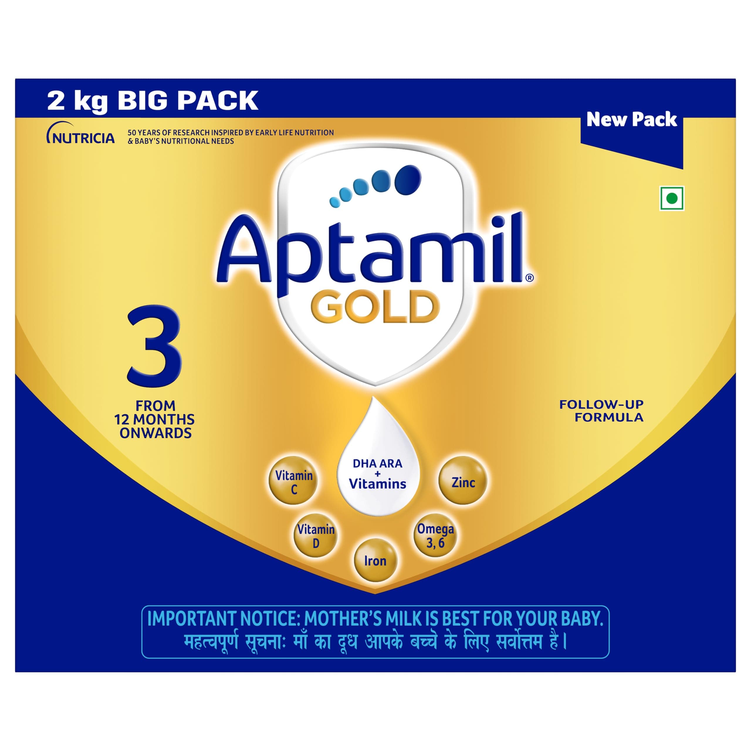 Aptamil Gold Infant Formula Milk Powder for Babies - Stage 3 (12-18 months) - with DHA - 2 kgs - BIB Pack