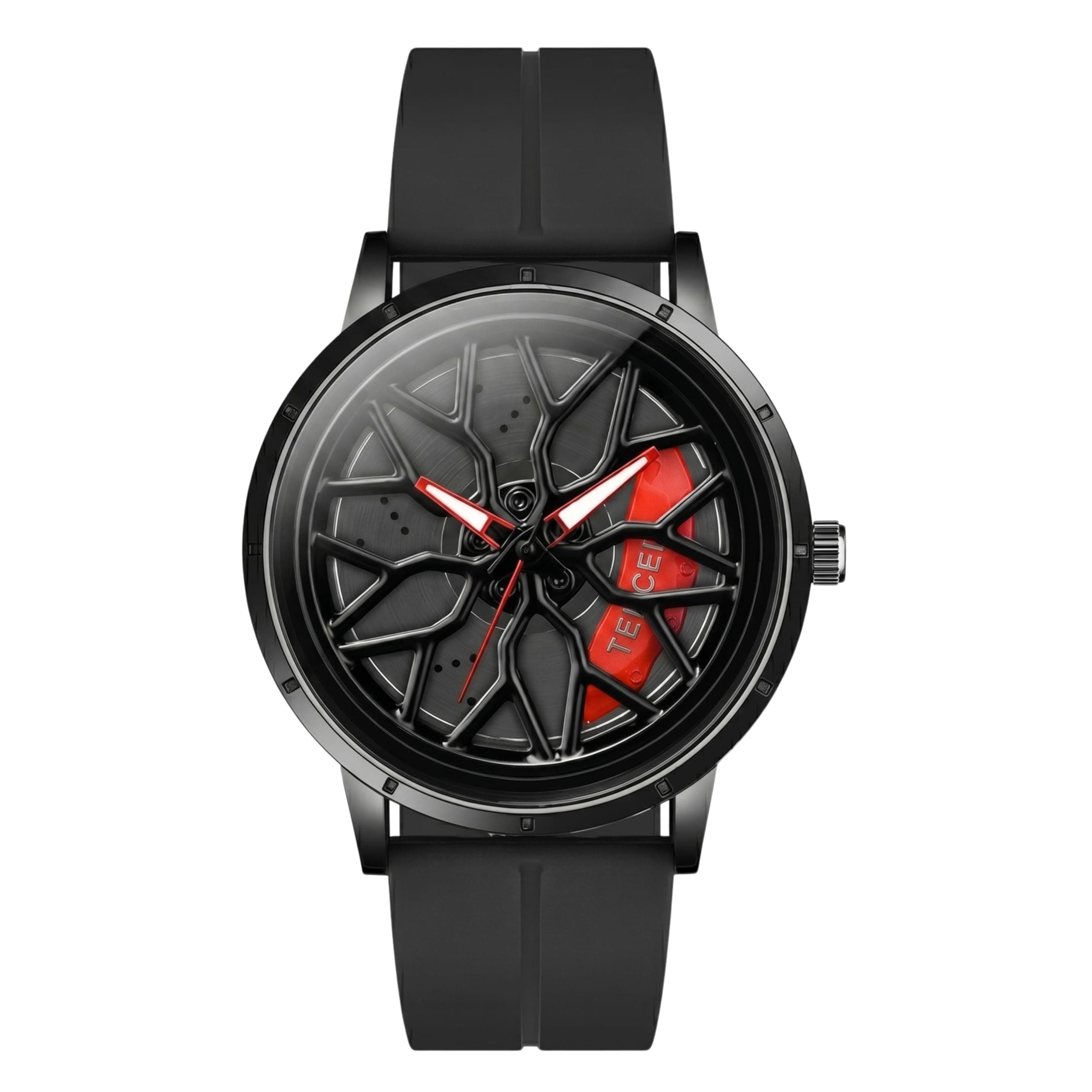 GOLDENIZE FASHION Branded Men's Sport Quartz Watch Car Wheel Multicolour Dial Wheel Dial 360 Rotating Casual Fashion Stainless Steel Alloy Mens &Boy's Luxury Metal Gift Creative Watch (Red-Black)