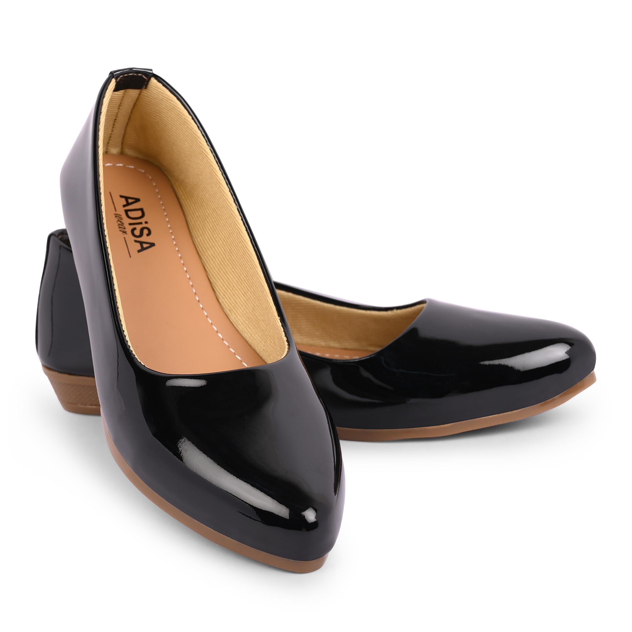ADISA WEAR Women's Comfortable Glossy Slip-On Ballet Flats - Soft Bellies Shoes for Girls & Ladies - Casual Flat Footwear Black
