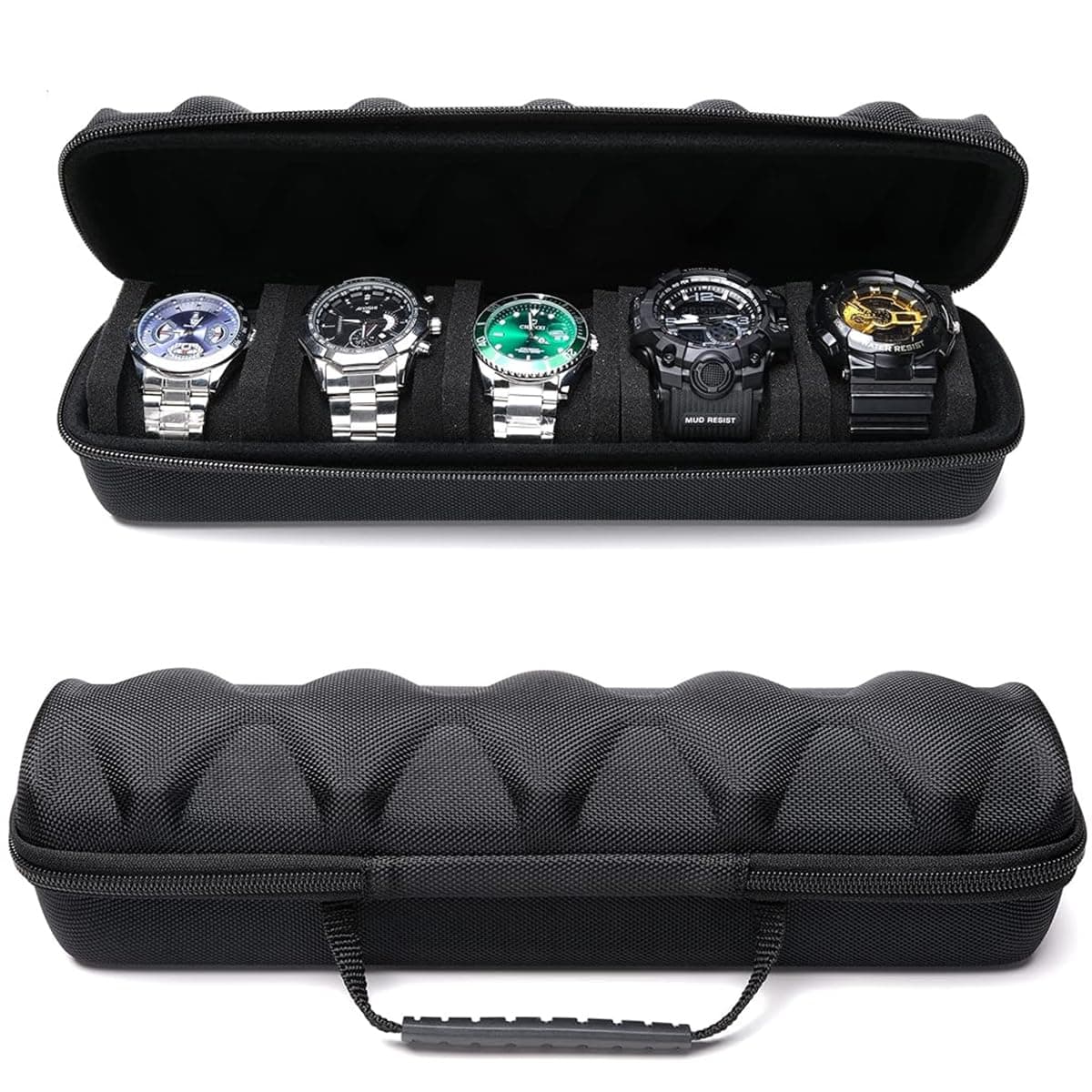 Zibuyu 5-Slot Watch Travel Case, Hard EVA, Dual Zipper, 34.5x10.6x8.5cm