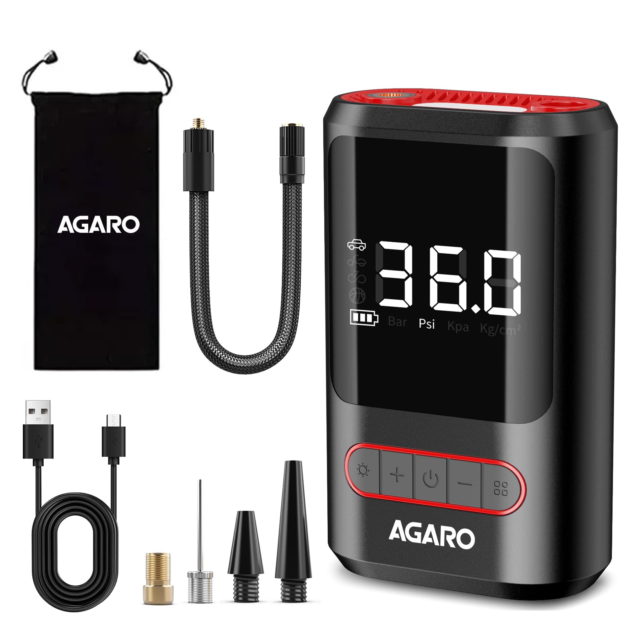AGARO Galaxy Portable Tyre Inflator for Cars, Bikes, Bicycles & Balls, 150 PSI Pressure, 2 X 2000mAh Battery, Digital Display, Pressure Detection, Auto Cut-Off, Type-C Charging, SOS Modes