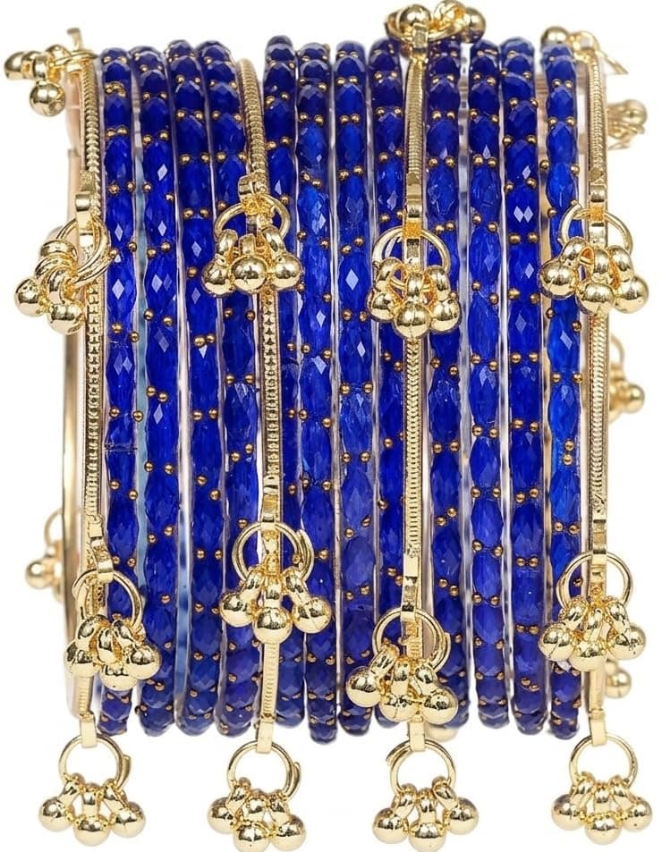 JPS 16 Pcs Trendy Stylish Raindrop Glass & Kashmiri Ghungroo Bangles Set for Women & Girls | Gold-Plated Traditional Festive Wedding Party Jewellery Chudi Set (12 Glass + 4 Metal) (Blue, 2-8 (Combo))