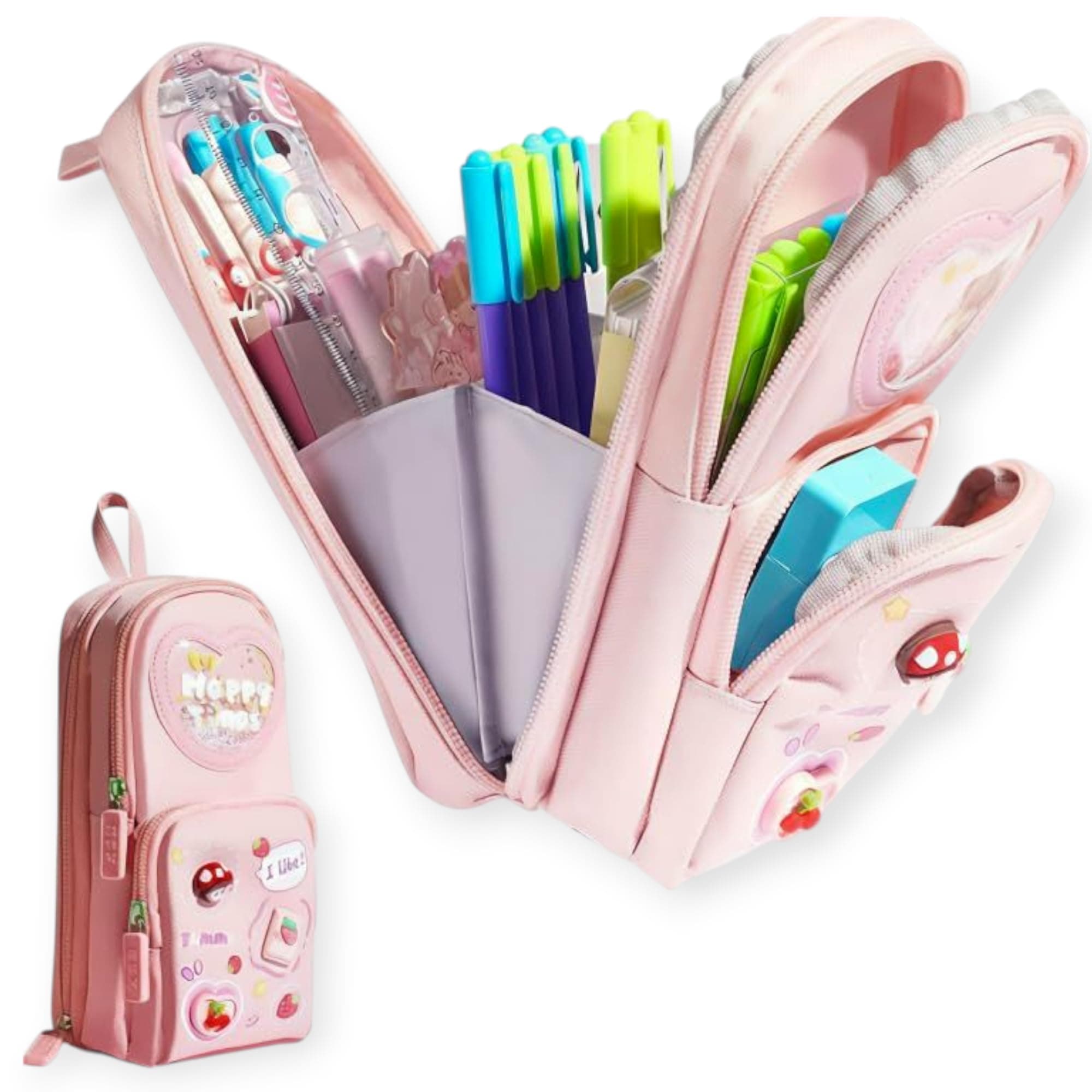 Supreme Deals® Premium Canvas Pencil Case Hang able 6 Layer with 3 Compartment, Cute Aesthetic Pencil Case for Girls, Large Capacity Pencil Pouch, Cute Stationary Gift for Kids (Happy Times - Pink)