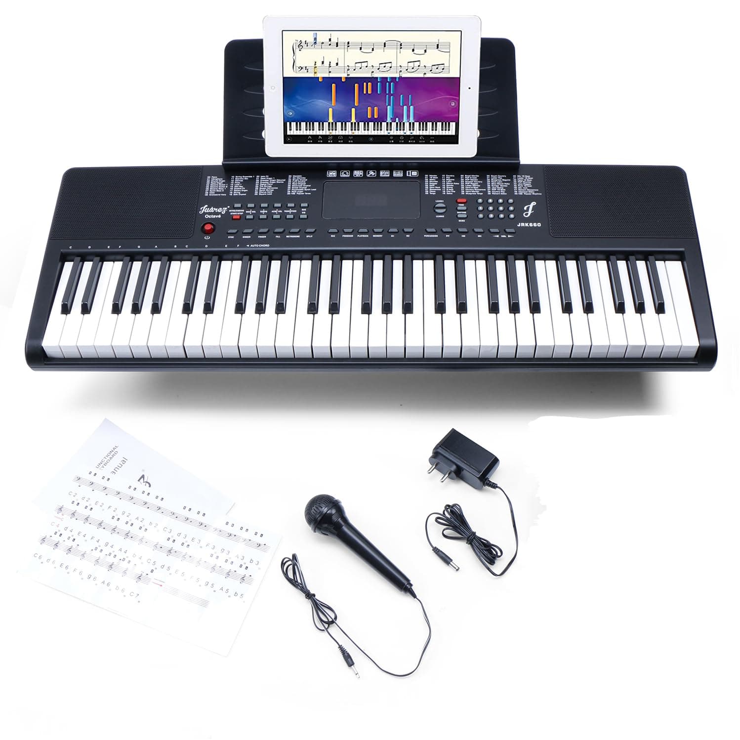 Juarez Octavé JRK660 61 Keys Portable Keyboard for Beginners 200 Rhythms, 200 Timbres, 40 Demo Songs, LED Display, USB Output, Teaching Mode, Mic, Adapter, Stickers, Sheet Stand