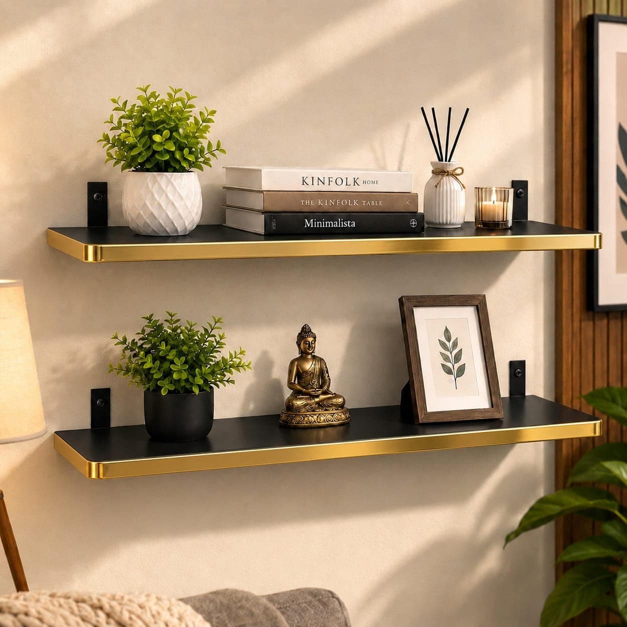 Duraso Engineered Wood Floating Wall Shelves, Black 24x6 Inch Wooden Display Rack for Living Room, Bedroom, Kitchen, Office, Wall Mounted Bookshelf & Decorative Shelf (24x6 Black Gold PO2)