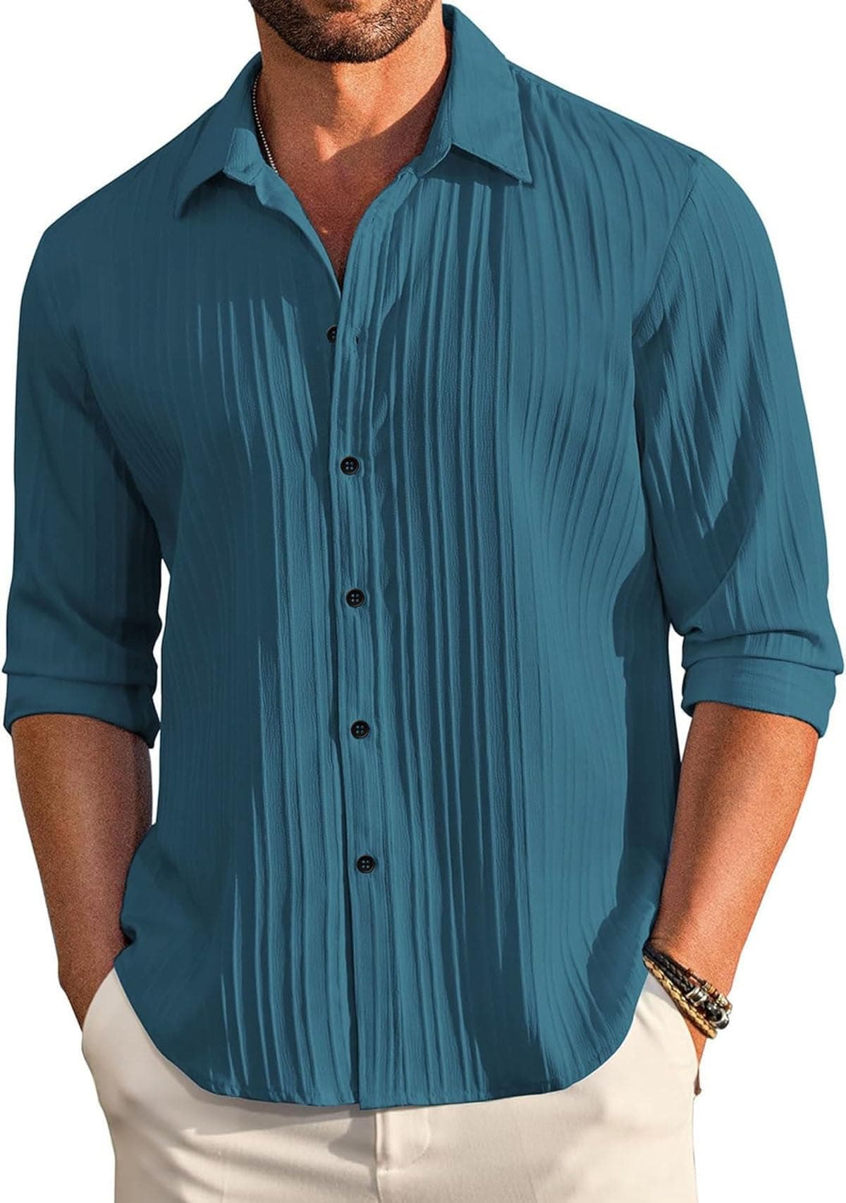 DEELMO Men's Casual Button Down Shirts Long Sleeve Linen Shirt Fashion Textured Beach Summer Shirt