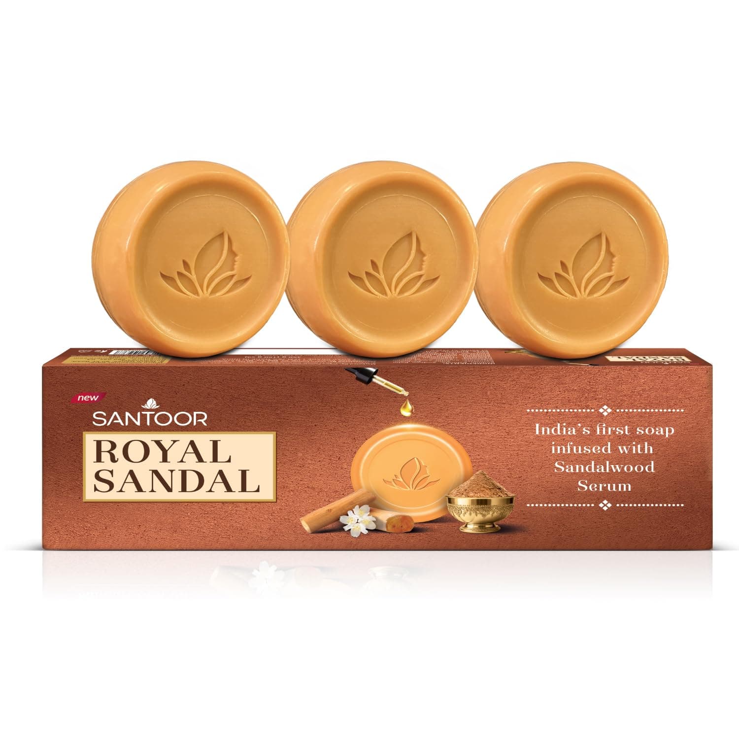 Santoor Royal Sandal Soap | Infused with Sandalwood Serum | Tan Removal | 100% Pure Sandalwood Oil & Powder | Helps Reduce Tan for Even-Toned, Glowing Skin | 150g x 3 Soaps
