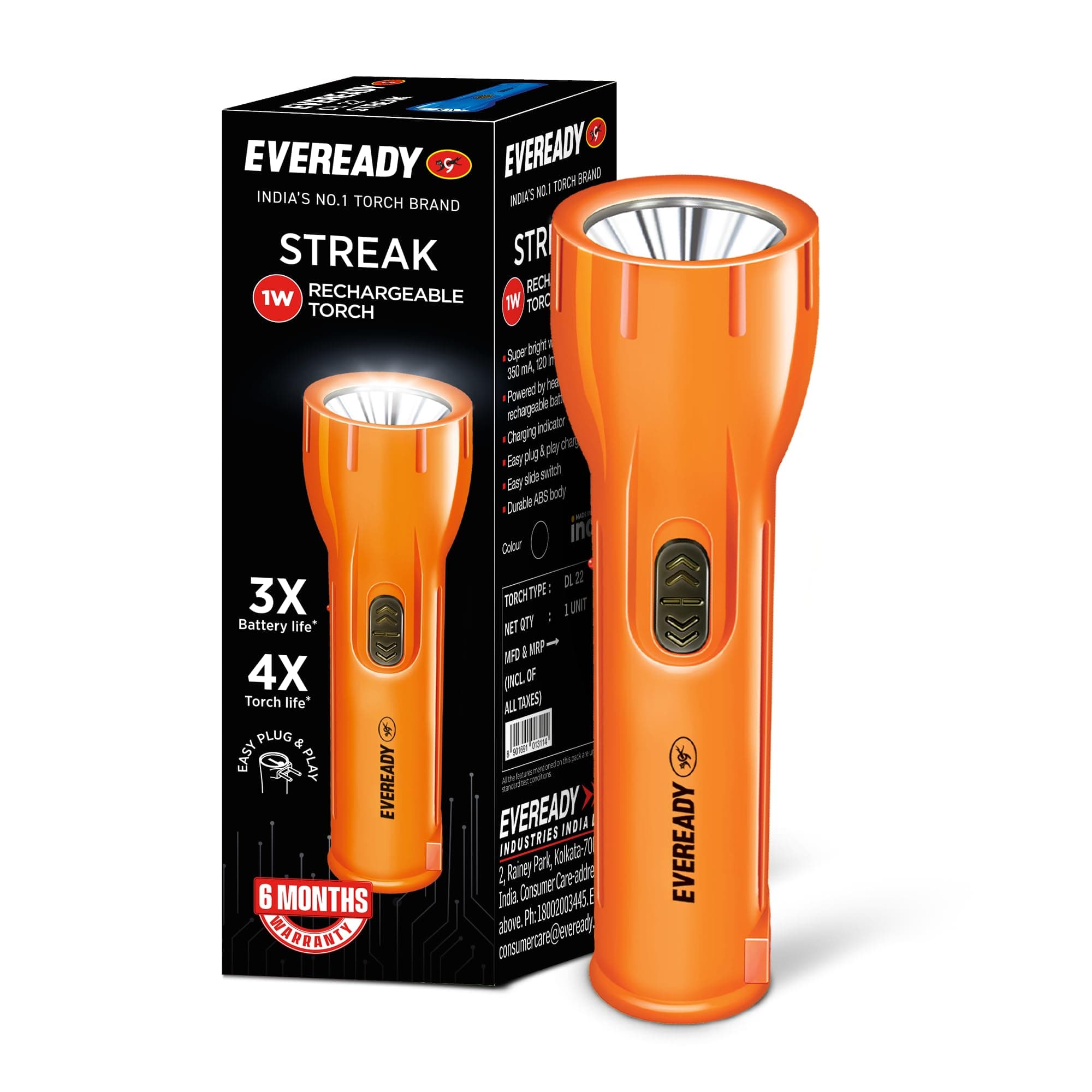 EVEREADY Streak DL22, Rechargeable 1W Emergency Torch, Plug & Play Charging