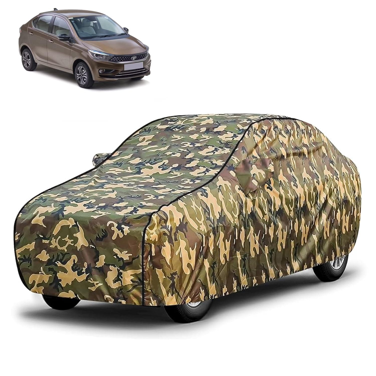 FABTEC Waterproof Car Body Cover for Tata Tigor with Mirror Pocket, Triple Stitched (Military, Jungle Print, Camouflage Design)