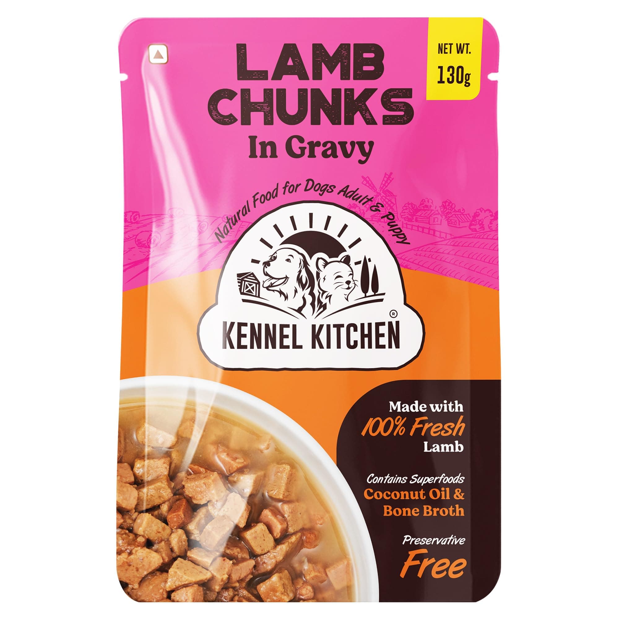 Kennel Kitchen Lamb Chunks in Gravy, 130g (Pack of 24) | Wet Dog Food for Adult & Puppy | Dog Food Gravy with Regionally Sourced Fresh Lamb | Free from Artificial Colours & Preservatives