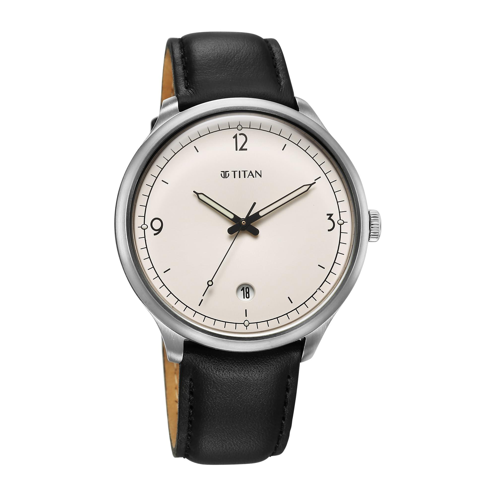 Titan Timeless Treasures Quartz Analog with Date White Dial Black Leather Strap Watch for Men - 10023SL05